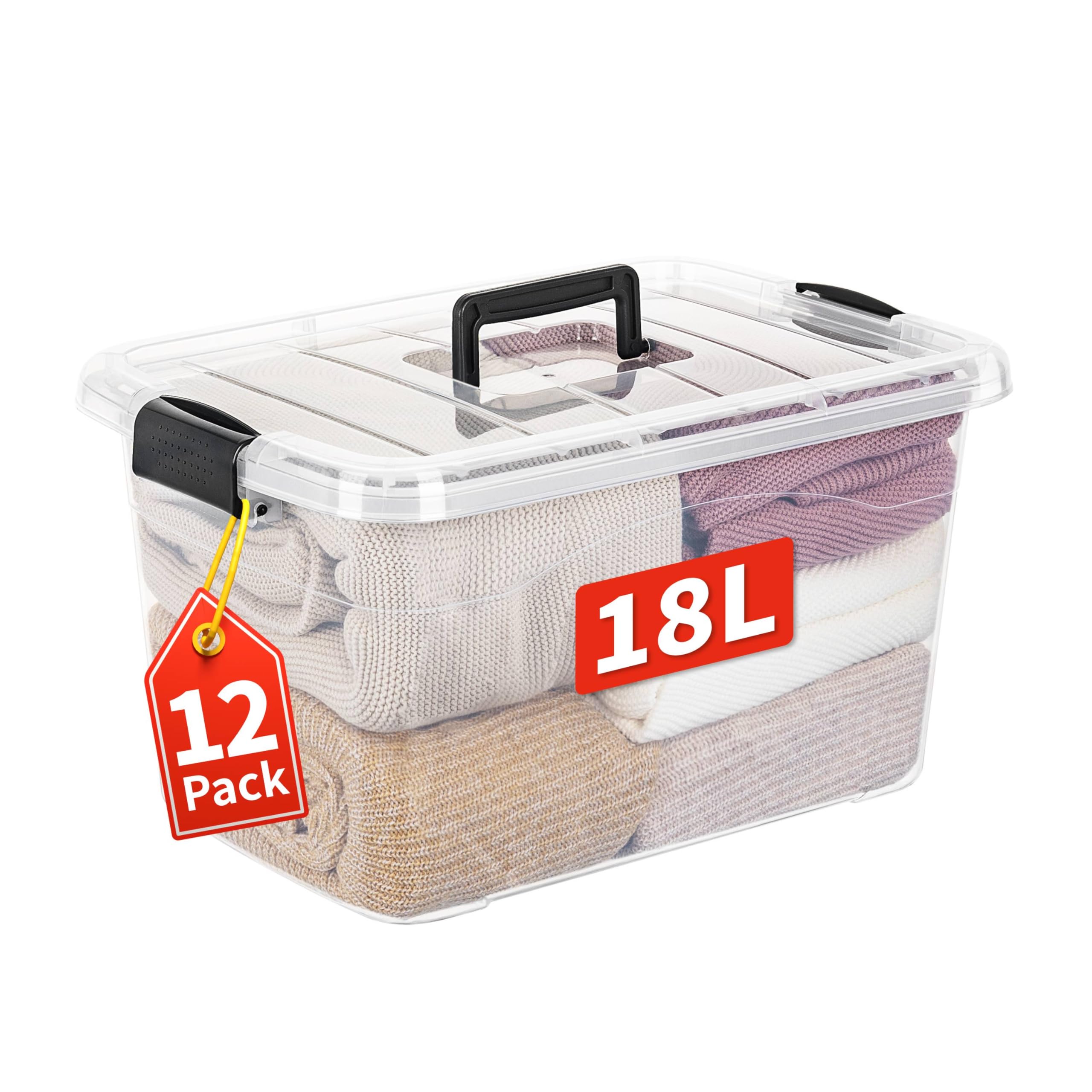 Cetomo Transparent 18L*12 Storage Boxes With Handle, Plastic Storage Box With Lids For Home Dorm Office Organization, Stackable & Nestable, Tote Container, Pp, 18L-12 Pack