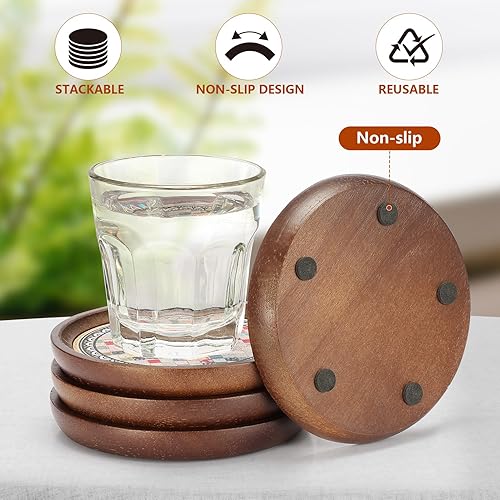 Miniatura 4 de Stahala Posavasos de madera de 4.7 pulgadas para bebidas, juego de posavasos de corcho absorbente, posavasos apilables de madera natural