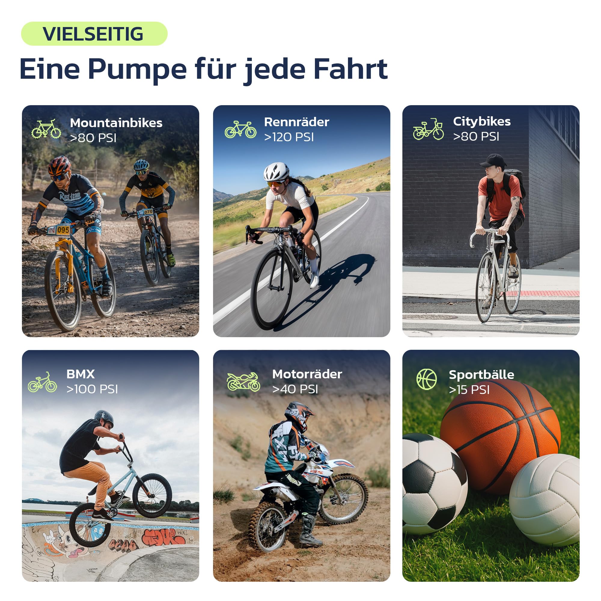 Woowind Fahrradpumpe, Elektrische Fahrradpumpe, Luftpumpe Fahrrad, 50 Sek. schnelles Aufpumpen, 120PSI/8.27Bar, Presta- und Schrader-Ventil für alle Fahrräder, Mini Kompressor Fahrrad mit LED-Licht