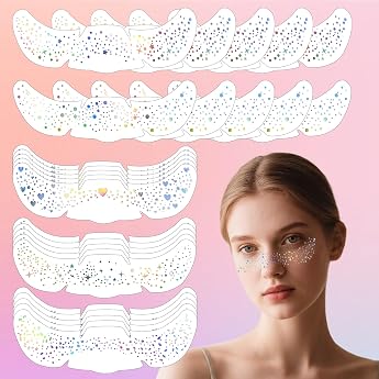 Sularpek Holographic Multichrome Glitter Freckles Tattoos Colourful Glitter Freckles Tattoo Set Waterproof Face Tattoos for Music Festival Halloween Christmas Pack of 25