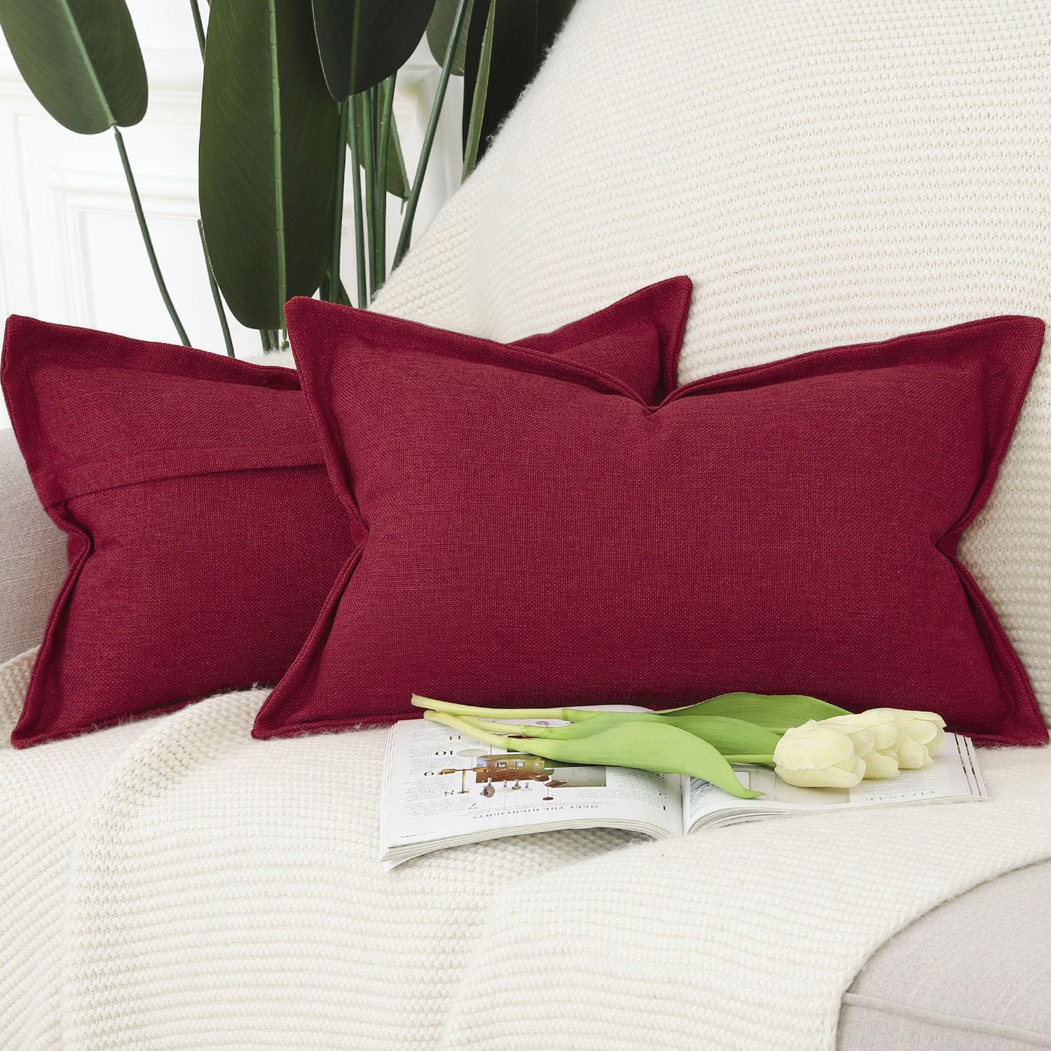 Madizz Set of 2 Faux Linen Cushion Covers with Broad Edge Soft Boho Decorative Pillow Cases for Sofa Bedroom Modern Pillow Shell 12x20 inch