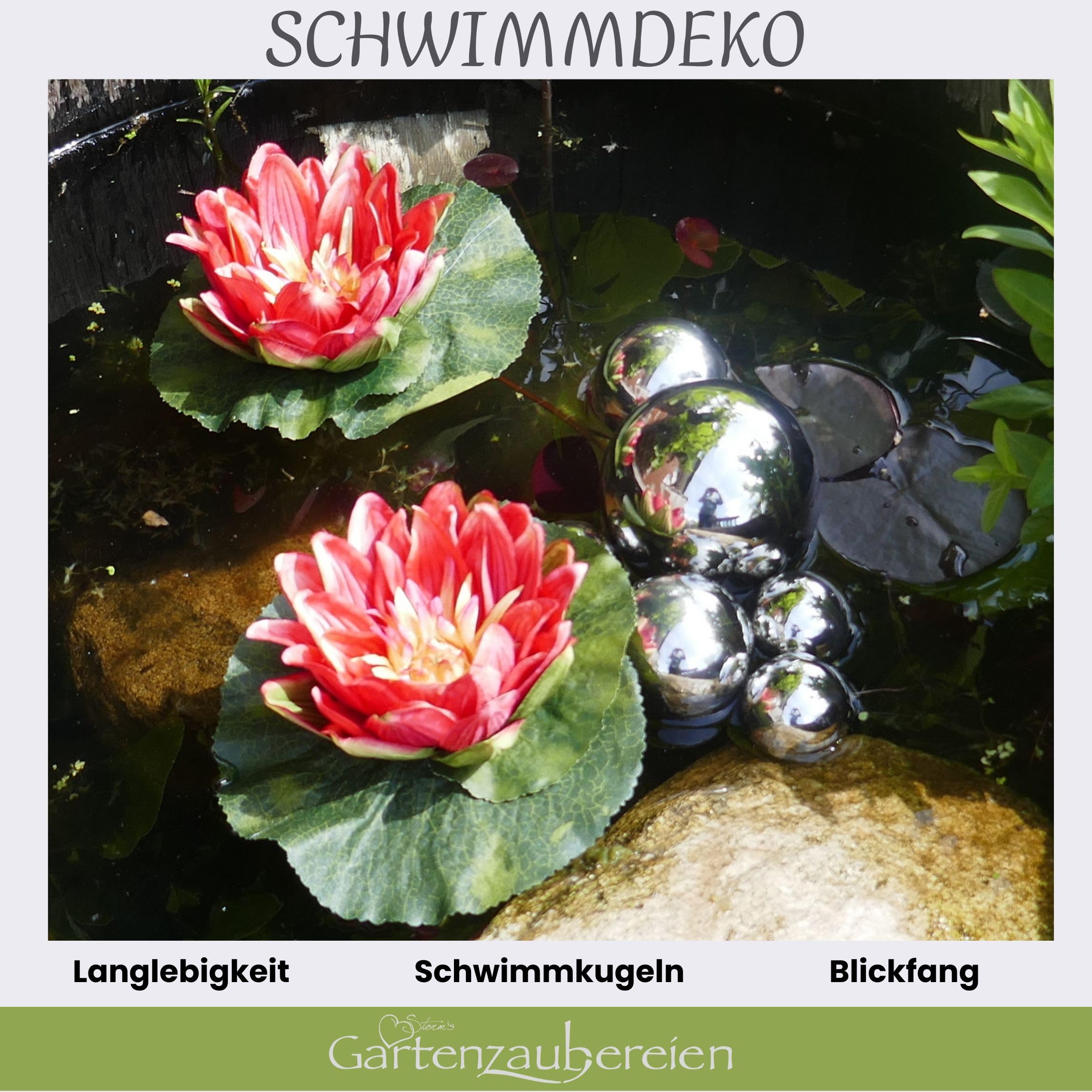Miniteich Komplettset mit 2 künstlichen Seerosen rot Schwimmkugeln - Teichkugeln in Silber für Teiche und Miniteiche als Teichdekoration