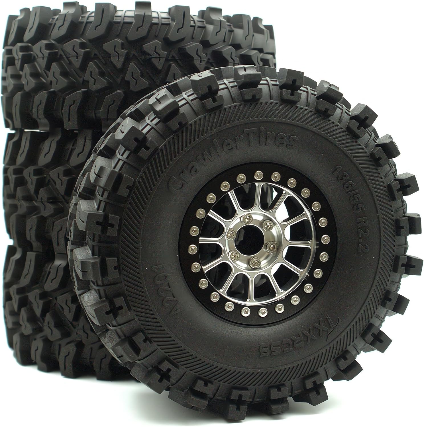 348g Weighted RC 2.2 Beadlock Wheels & Tire Set (4-Piece) Upgrades Accessories Rims for 1/10 SCX10 Wheels TRX4RC4WD and D90 RC Crawler Axial Remote Control Car 4pcs (Silver & Black)