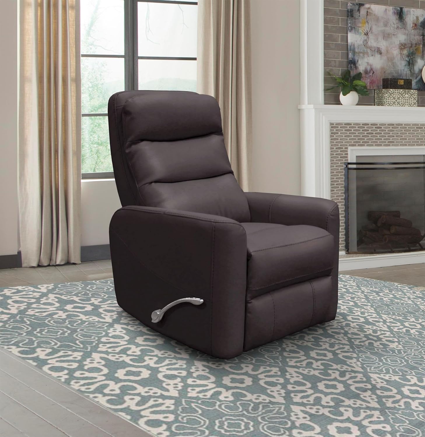 Pemberly Row Contemporary Swivel Glider Recliner, Chocolate Fabric, Manual Reclining, 31" W x 35.5" D x 42.5" H, Articulating Headrest, Foam Cushions, 2-Pack, Relaxing Living Room Seating