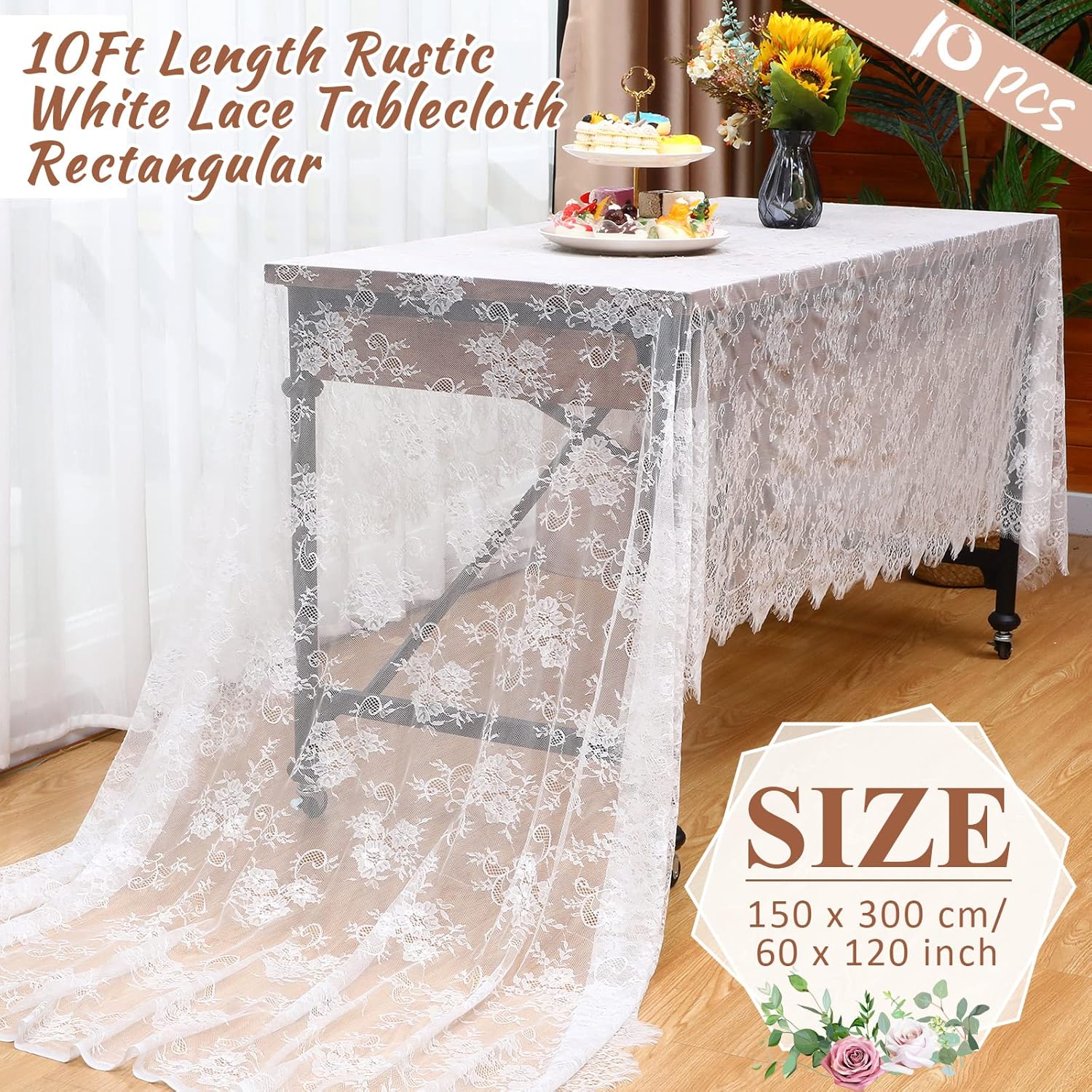 Chumia 10 Pcs Lace Tablecloth Rectangular 60 x 120 Inch Wedding Rustic Tablecloth Overlay Rose Vintage Embroidered Wedding Reception Party Table Decorations for Bridal Tea Party