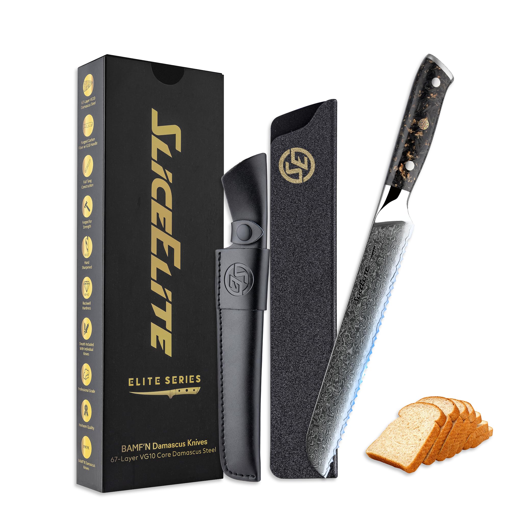 SliceElite Elite Series 8-Inch Damascus Bread Knife – VG10 Steel Serrated Blade with Handles Option, Dual Sheaths, and Polishing Cloth (Bread Knife (Carbon Fiber Handle))