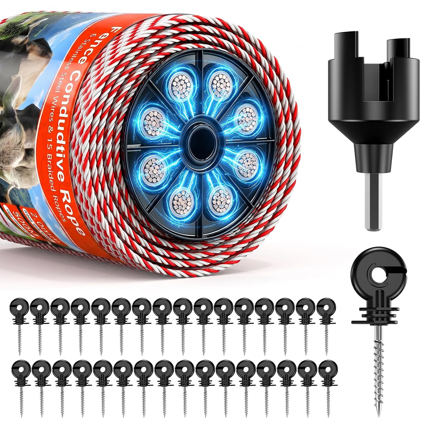 Electric Fence Polywire Kit, 500m/1650FT with 50 Insulators & Tool