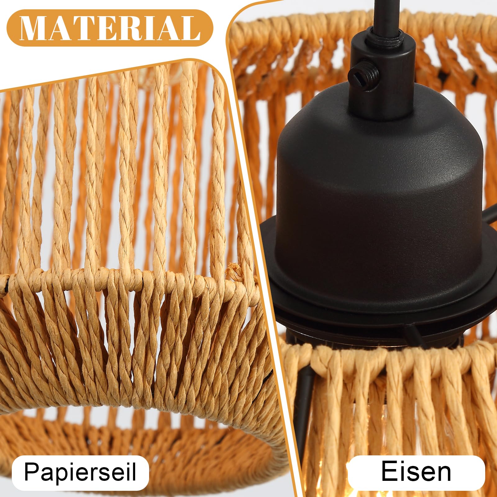 Lámpara Colgante Boho de Ratán, Altura Ajustable, 3 Luces, Diseño | Retro con Casquillo E27 para Comedor, Salón, Dormitorio y Cocina (Sin Bombillas Incluidas)