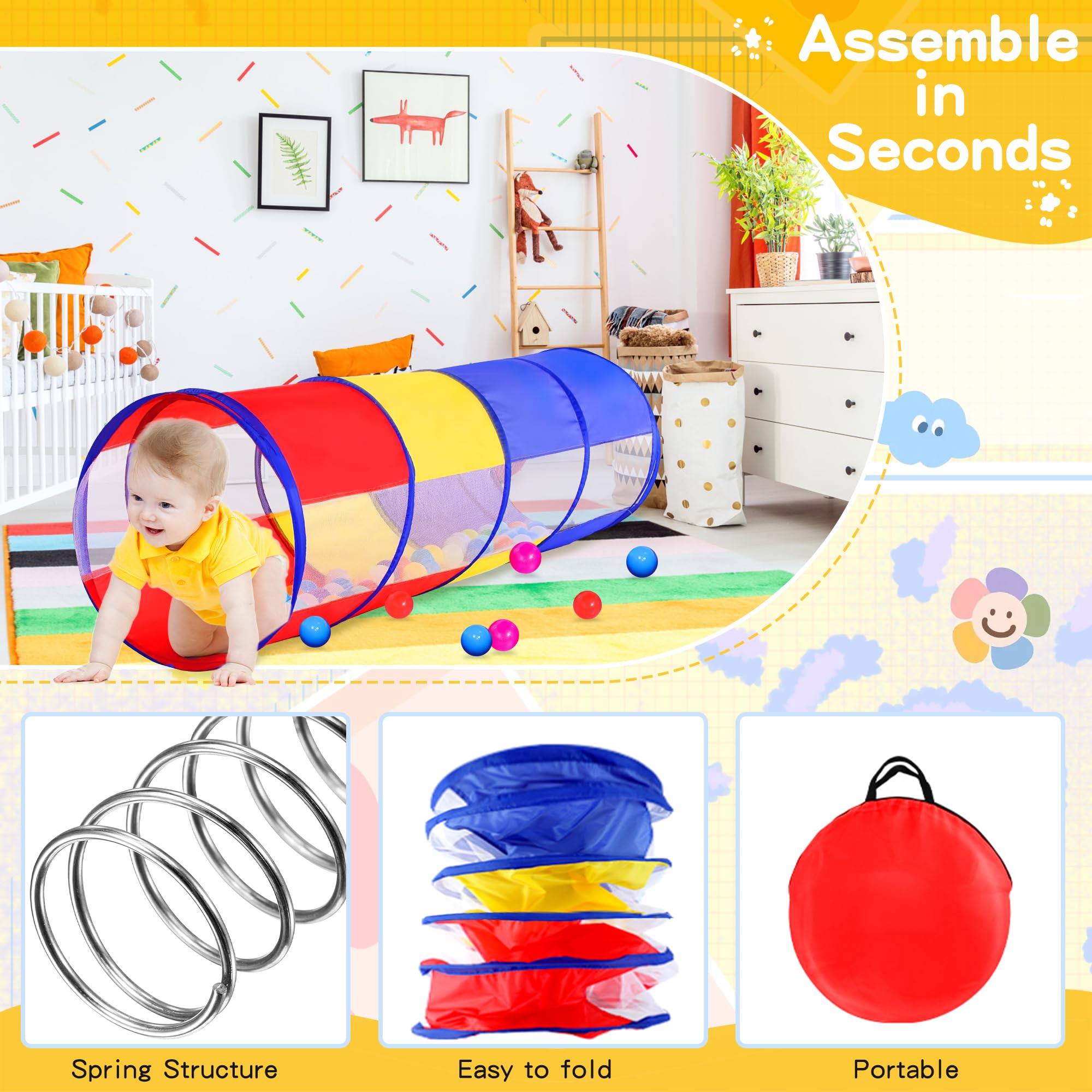 Tunnel Gioco per Bambini, Tenda Gioco Bambini di 1 2 3 anni, Multifunzionali Tubi Giochi da giardino per bambini，Tunnel Leggera Pieghevole per Bambini da Interno e da Esterno, Colorata