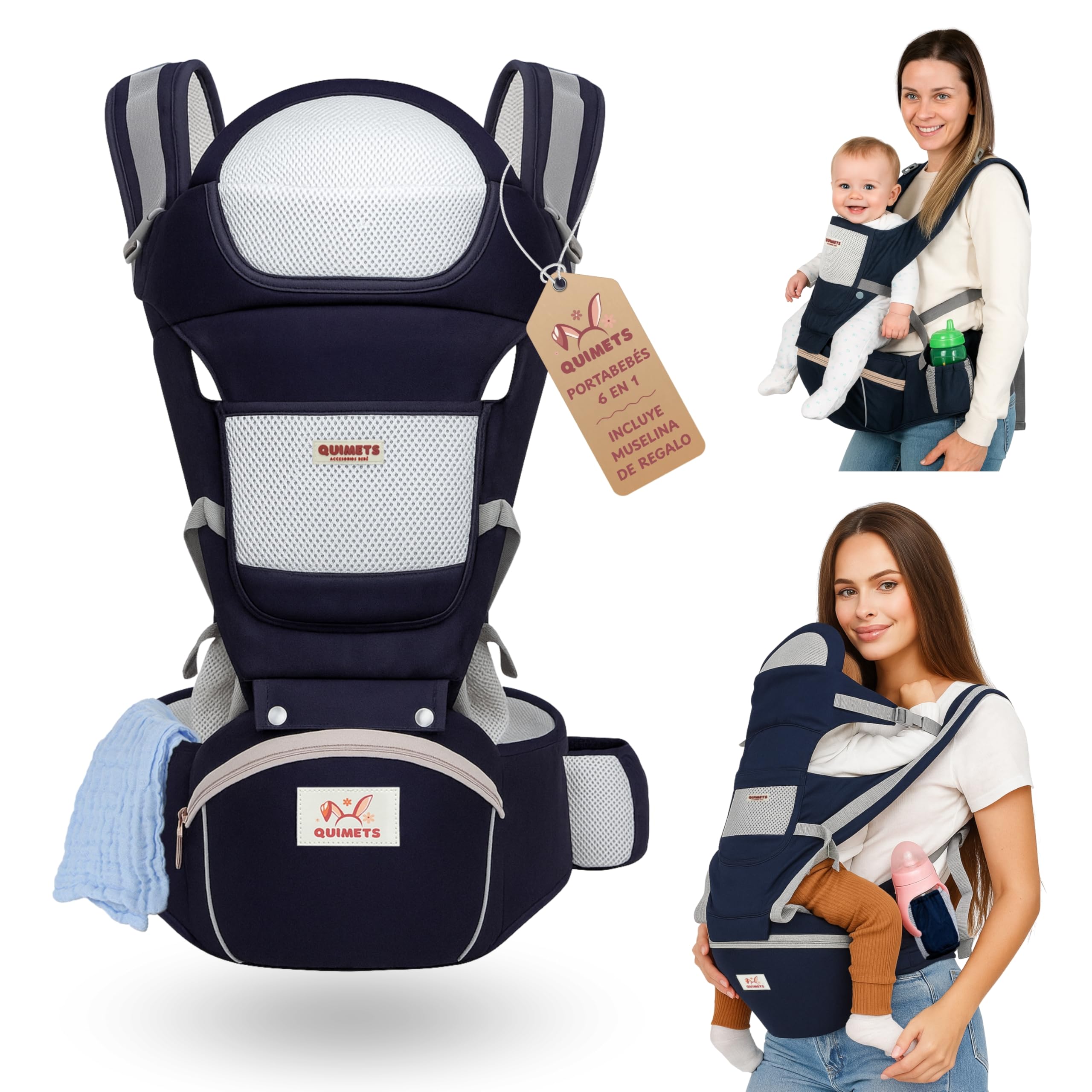 QUIMETS | Mochila Portabebés 6 en 1 Recién Nacido Transpirable y Ergonómica – Suave, Ligera e Ideal para Largos Paseos – Ajuste Cómodo para Mamá y Papá – Incluye Muselina de Regalo — view 9