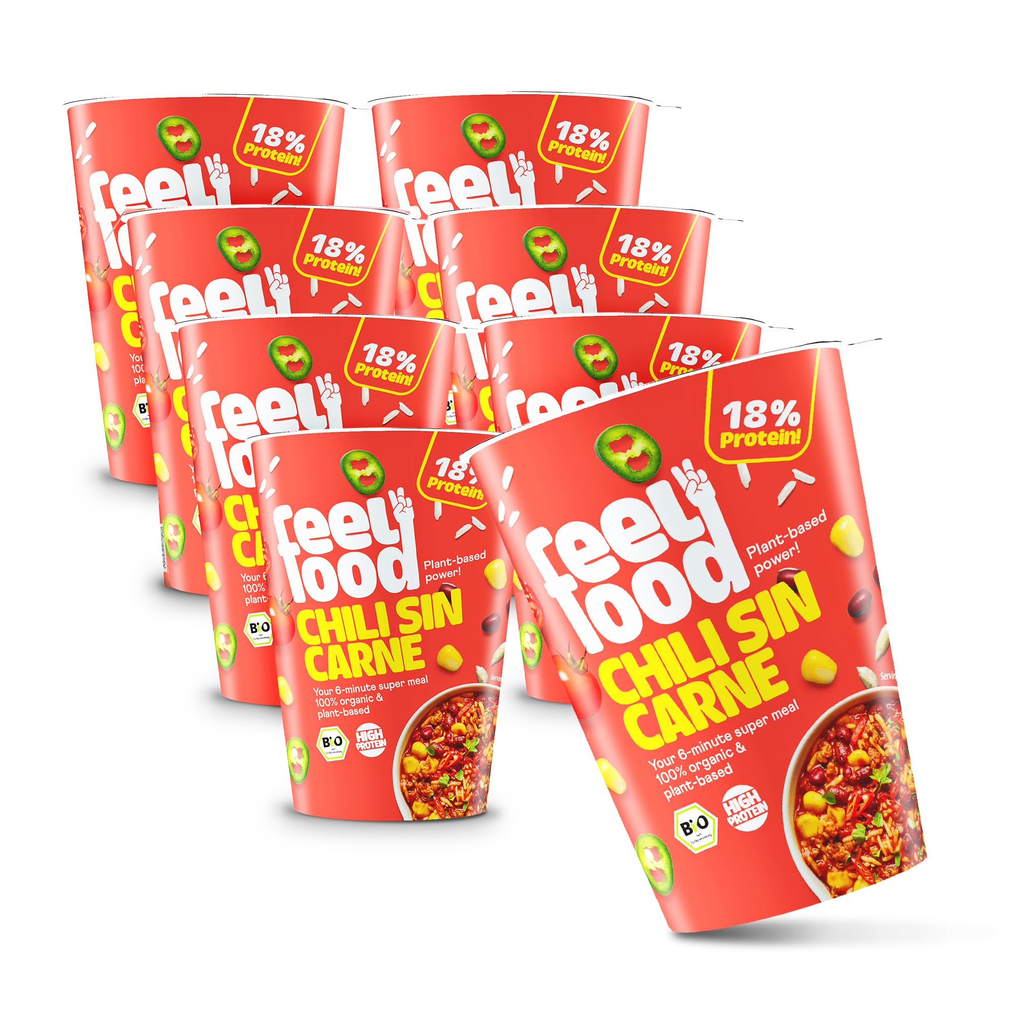 Feel Food – BIO Instant Lunch Chili Sin Carne vegan 8er Probierpaket – Fertiggericht mit Sonnenblumenprotein-Geschnetzeltem, Reis, Bohnen, Mais etc. – Schnell & sättigend – Ohne Konservierungsstoffe