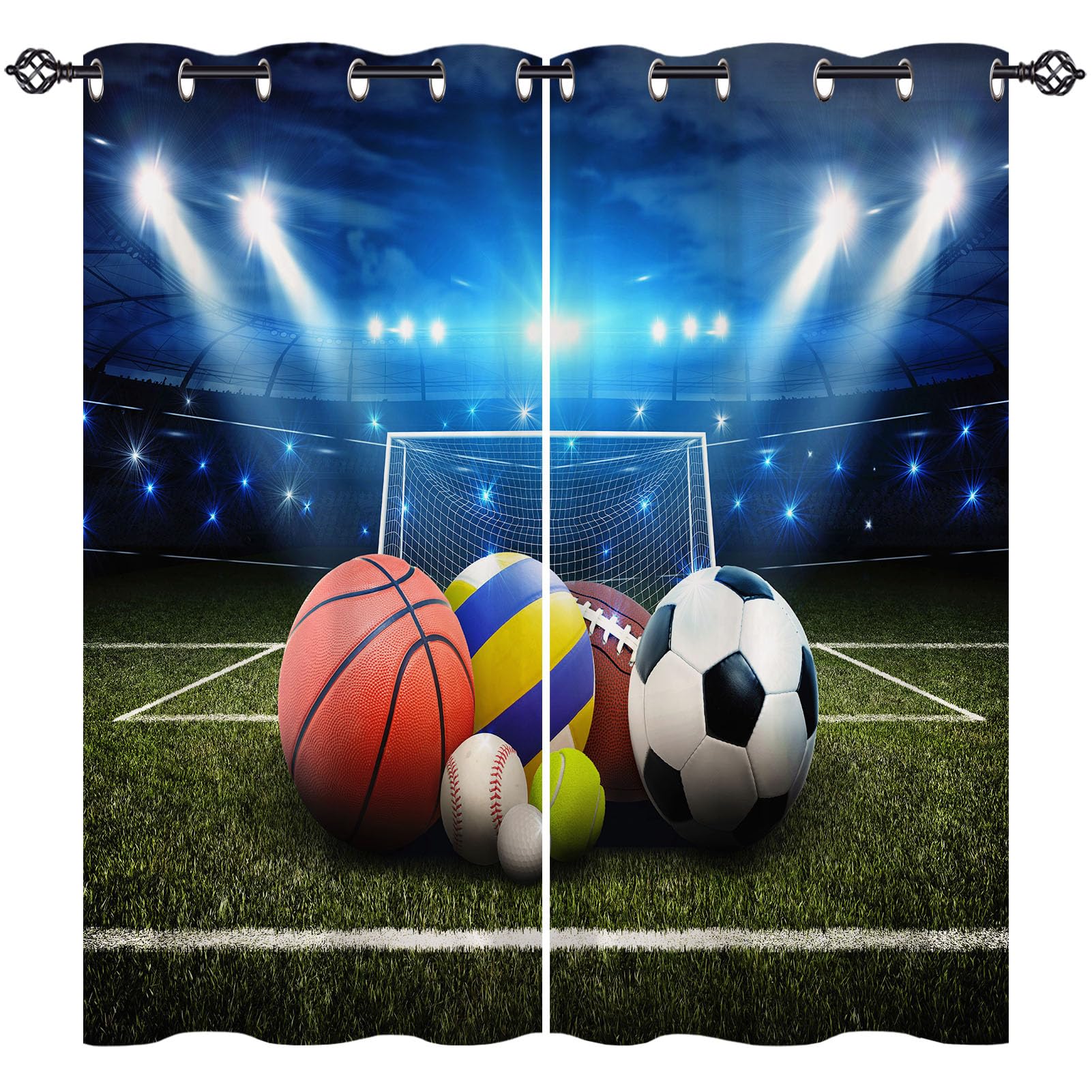 ANHOPE Sports Curtains Eyelet 80% Blackout Room Darkening Curtains with Football Basketball Baseball Print Pattern Thermal Insulated Window Drapes for Bedroom Living Room 46 x 54 Inch Drop 2 Panels