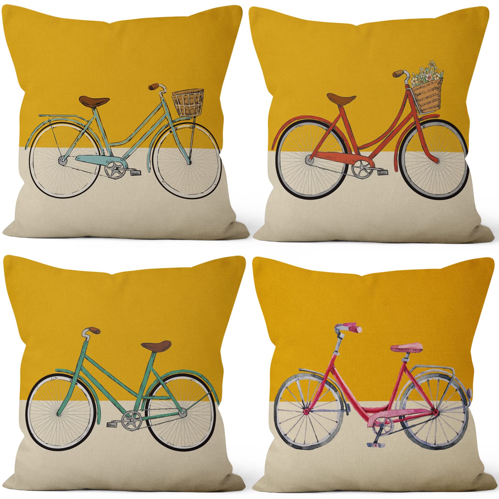 4 Pcs/Set Bicycle Throw Pillow Covers Watercolor Minimalist Bike Cycling Linen Pillow Cases for Sofa Bed Living Room, Just Ride Friendly and Healthy Travel Slogan Graphic, 20"x20"