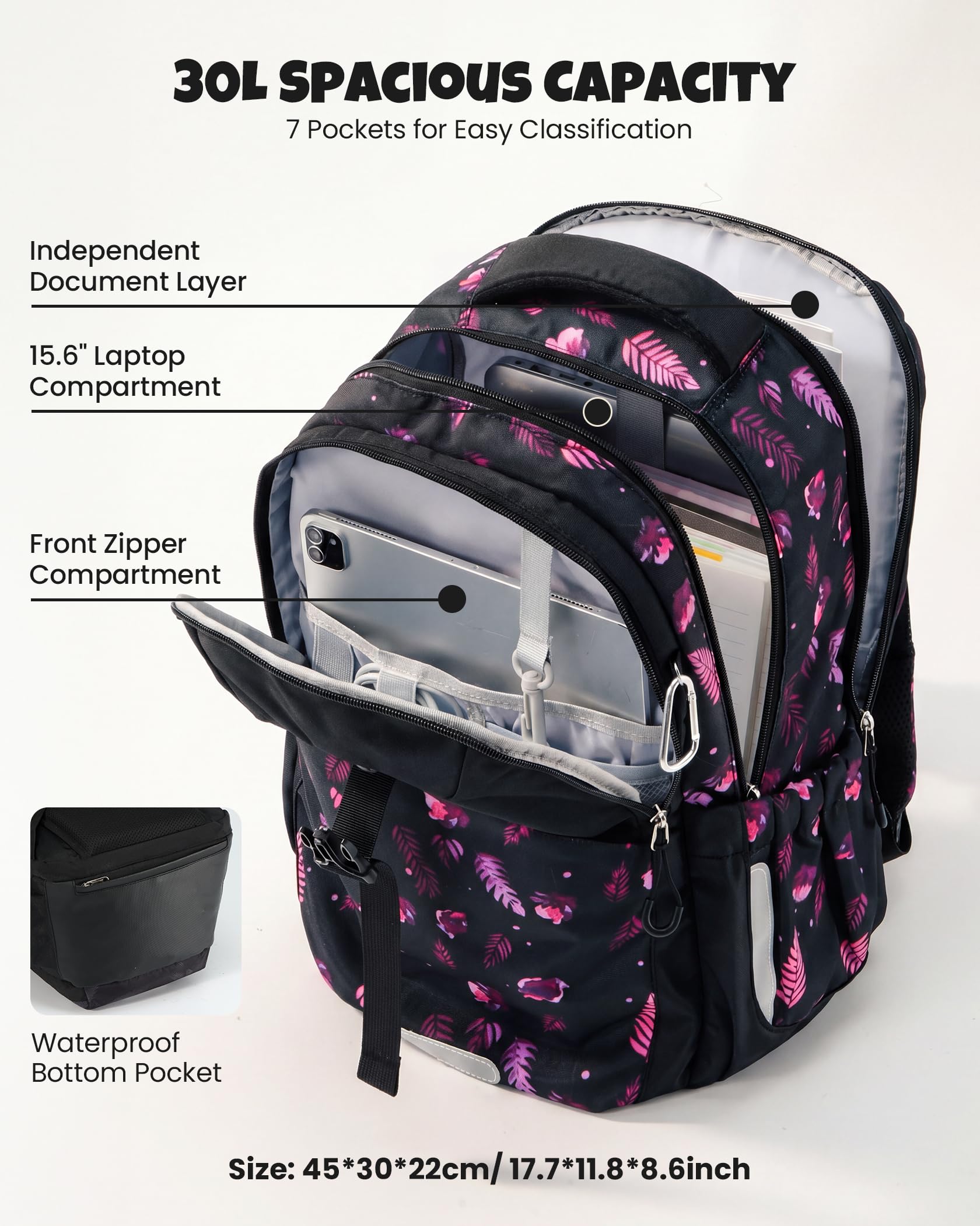 Torby szkolne Ergonomiczny plecak dla chłopca i dziewczynki, casualowy czarny plecak z pokrowcem przeciwdeszczowym, przegródką na laptopa, zdejmowanym pasem biodrowym, plecak na podróże na zewnątrz do