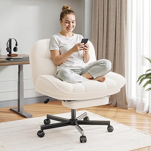 DurayLoly Cross Legged Office Chair with Foot Rest, 6.3" Thick Cushioned Criss Cross Chair with Wheels, Height Adjustable Swivel Vanity Chair for All-Day Comfort (White) - White