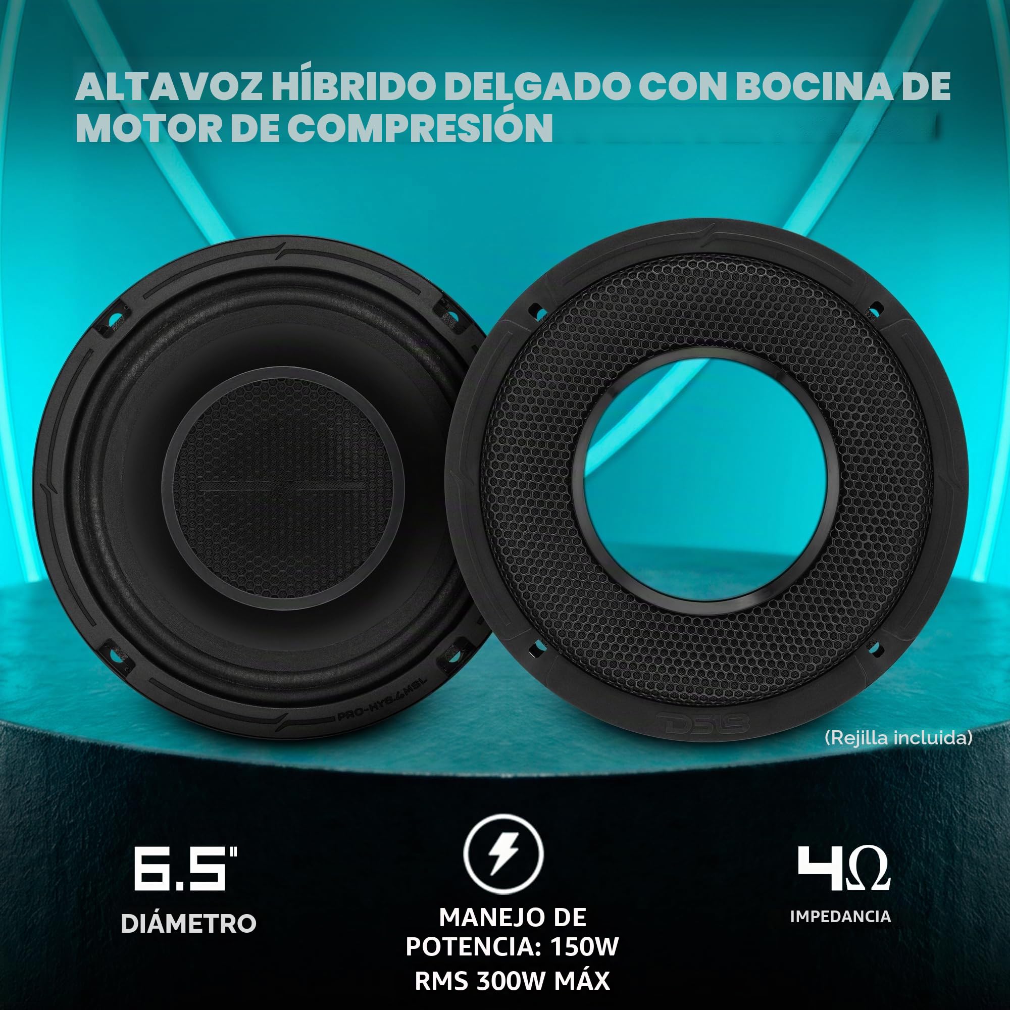 DS18 Pro-HY6.4MSL - Altavoz híbrido de Rango Medio para Coche de 6.5 Pulgadas con Controlador Integrado y Parrilla incluidos, 300 W máximo 150 W RMS 4 ohmios (1 Altavoz)