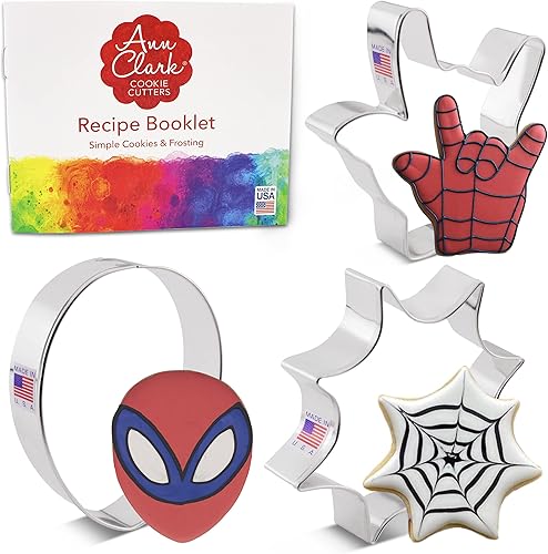 Ann Clark Cookie Cutters Juego de 3 piezas de superhéroe, fabricado en los Estados Unidos, máscara, mano, telaraña