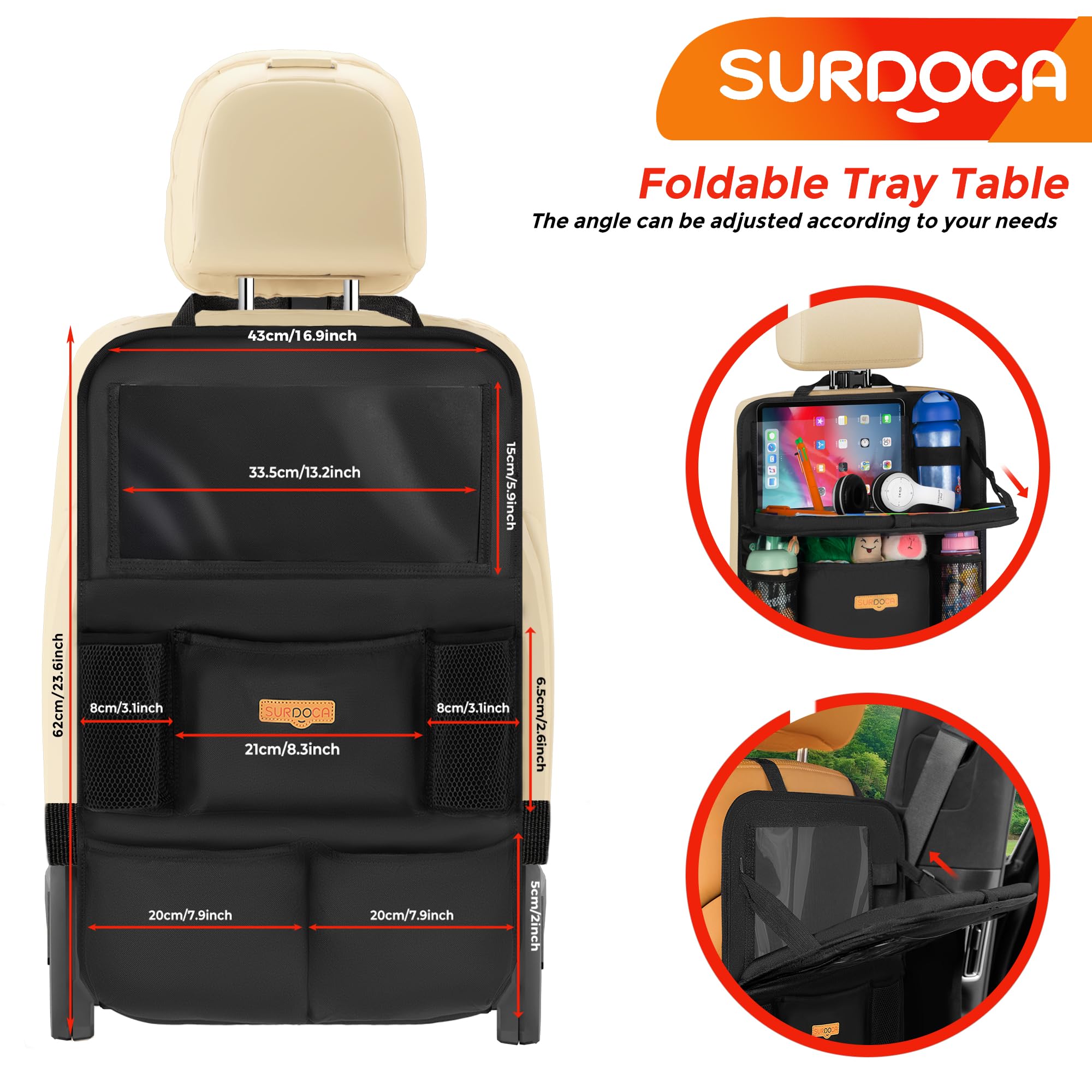SURDOCA Organiseur de voiture pour enfant avec table pliante et compartiment pour tablette tactile, protection étanche du dossier, s’adapte à la plupart des véhicules - 5