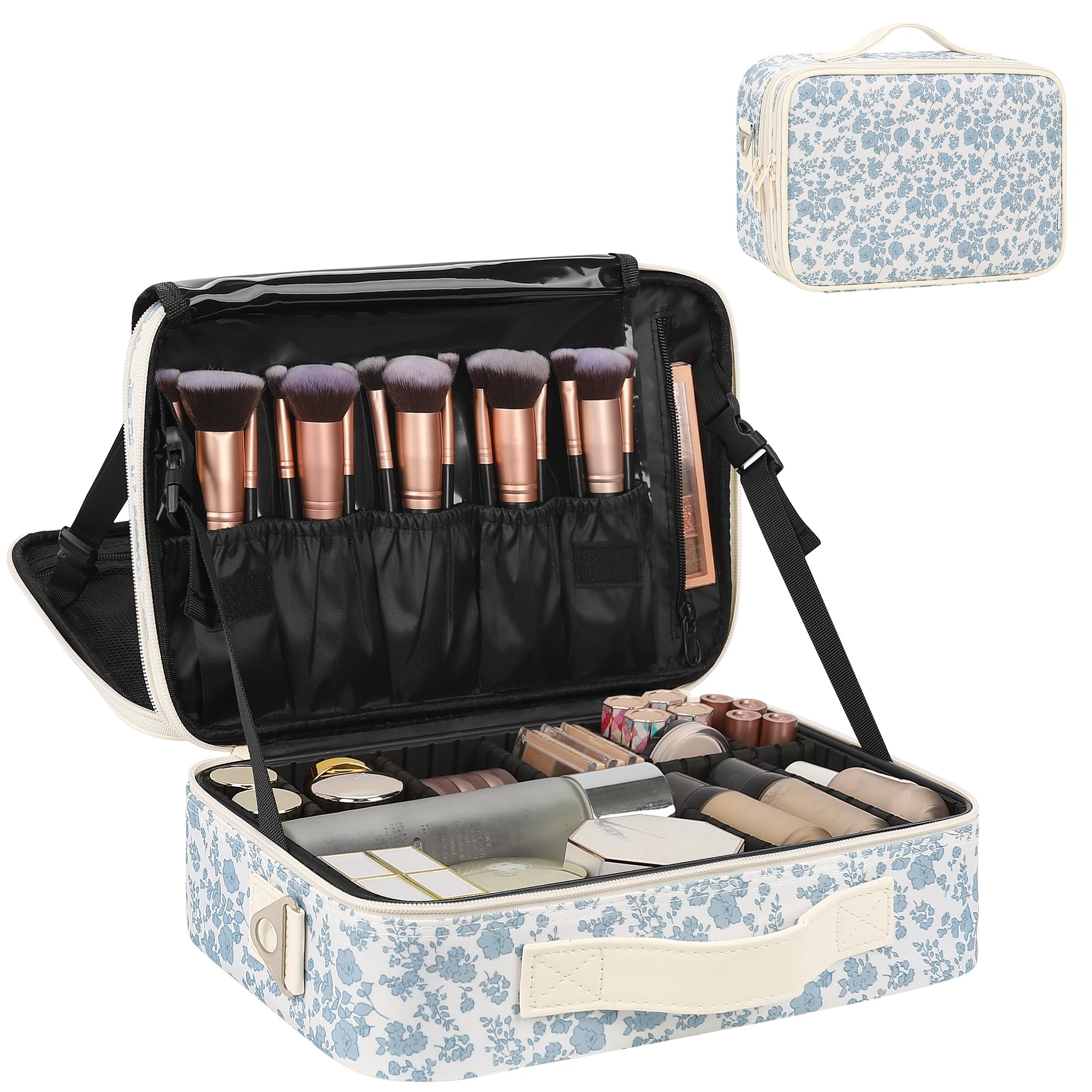 Relavel Makeup Bag Travel Train Case for Women and Girls, Cute Cosmetic Storage Organizer Box Portable Shoulder Bag with Adjustable Dividers and Makeup Brush Comparment, Floral Print