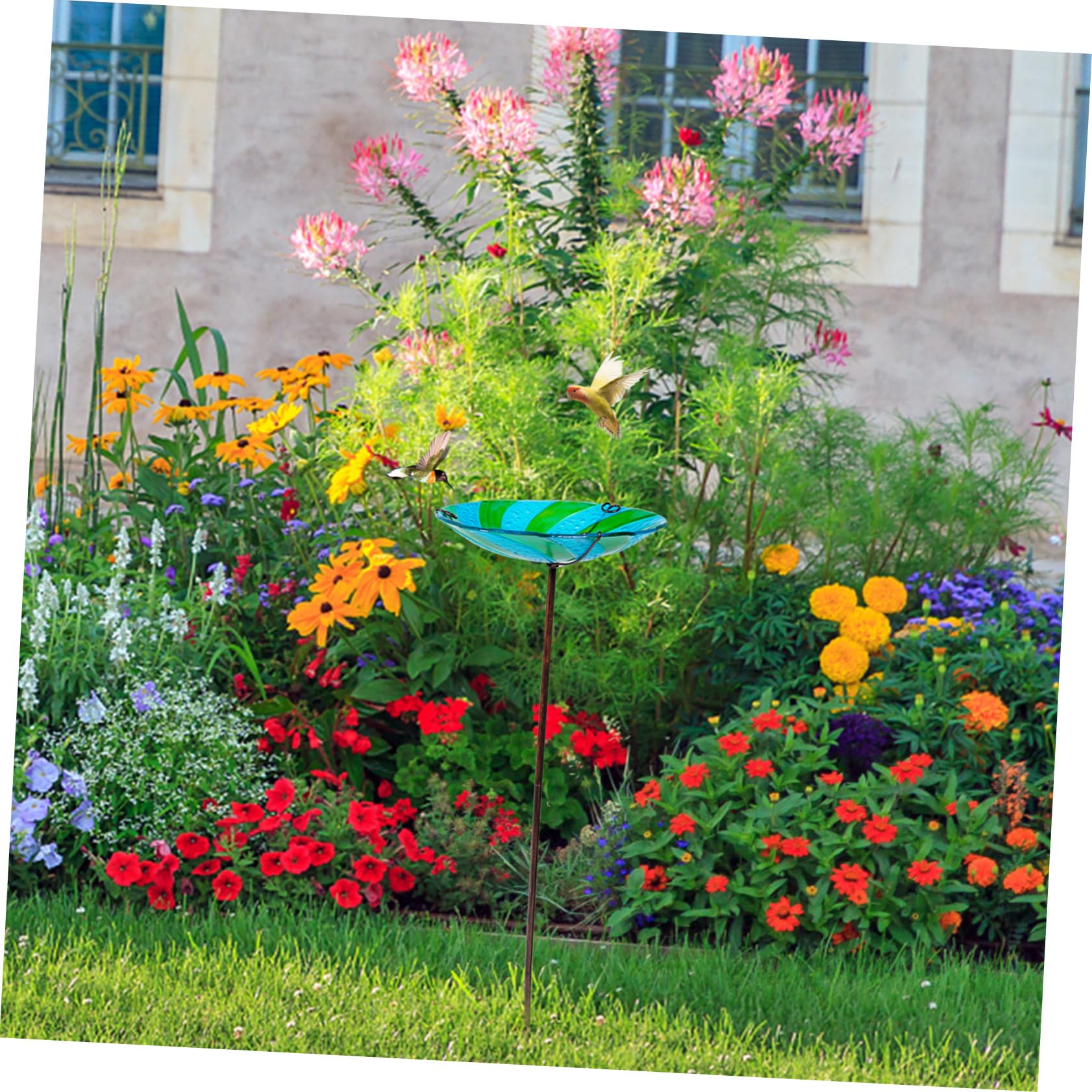 Garten Vogeltränkebecken mit Erdspieß aus Glas und Eisen, Schwarz | Schale zum Füttern und Tränken, für Garten und Zuhause, Geeignet für Kanarienvögel und Papageien