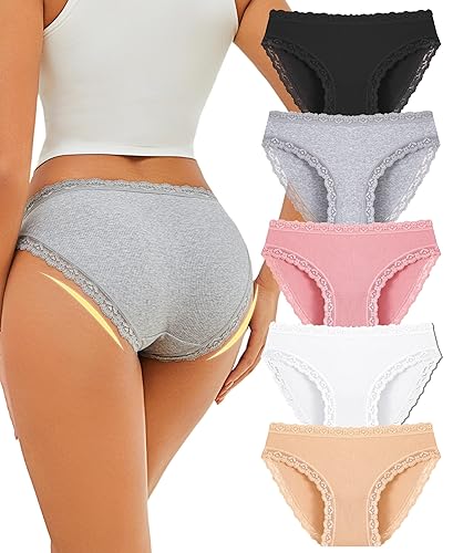 ALL OF SHE Bragas Mujer Algodon – Bragas de Algodón Suave con Encaje, Ropa Interior Mujer Cómoda y Transpirable, Pack de 5 Braguitas, Tallas S-2XL - Multicolor A-5 Pack - S