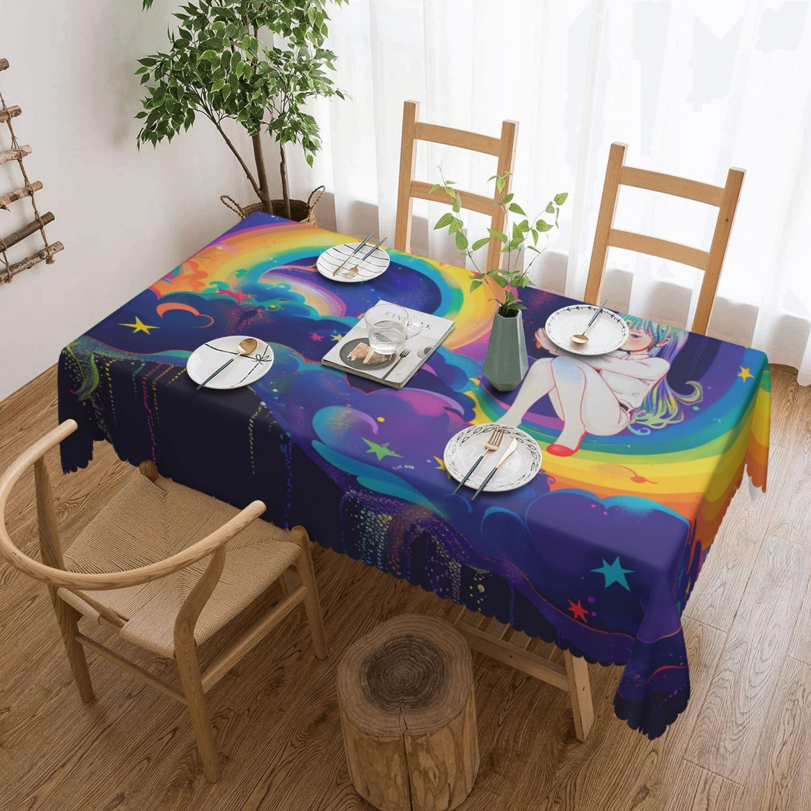 WPKJU Rainbow Printed Rectangle Tablecloth 72x54 Inch with Lace Trim, Water-Resistant Washable Table Cover for Farmhouse Weddings, Outdoor Picnics & Holiday Dining