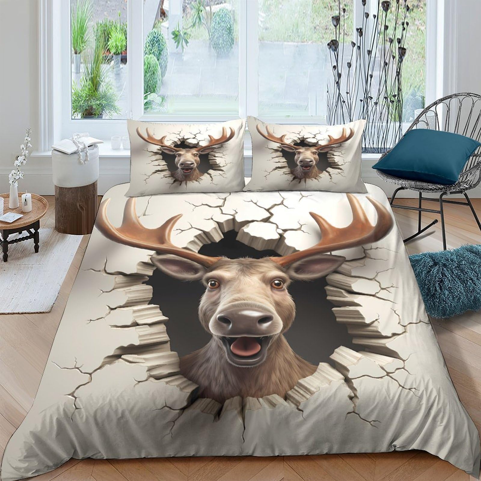TUFRTGYHN 3D Printed Deer Head Duvet Cover Microfiber Soft Breathable Cracked Wall Bedding Set with 2 Pillowcases for Bedroom Decor Single（135x200cm）