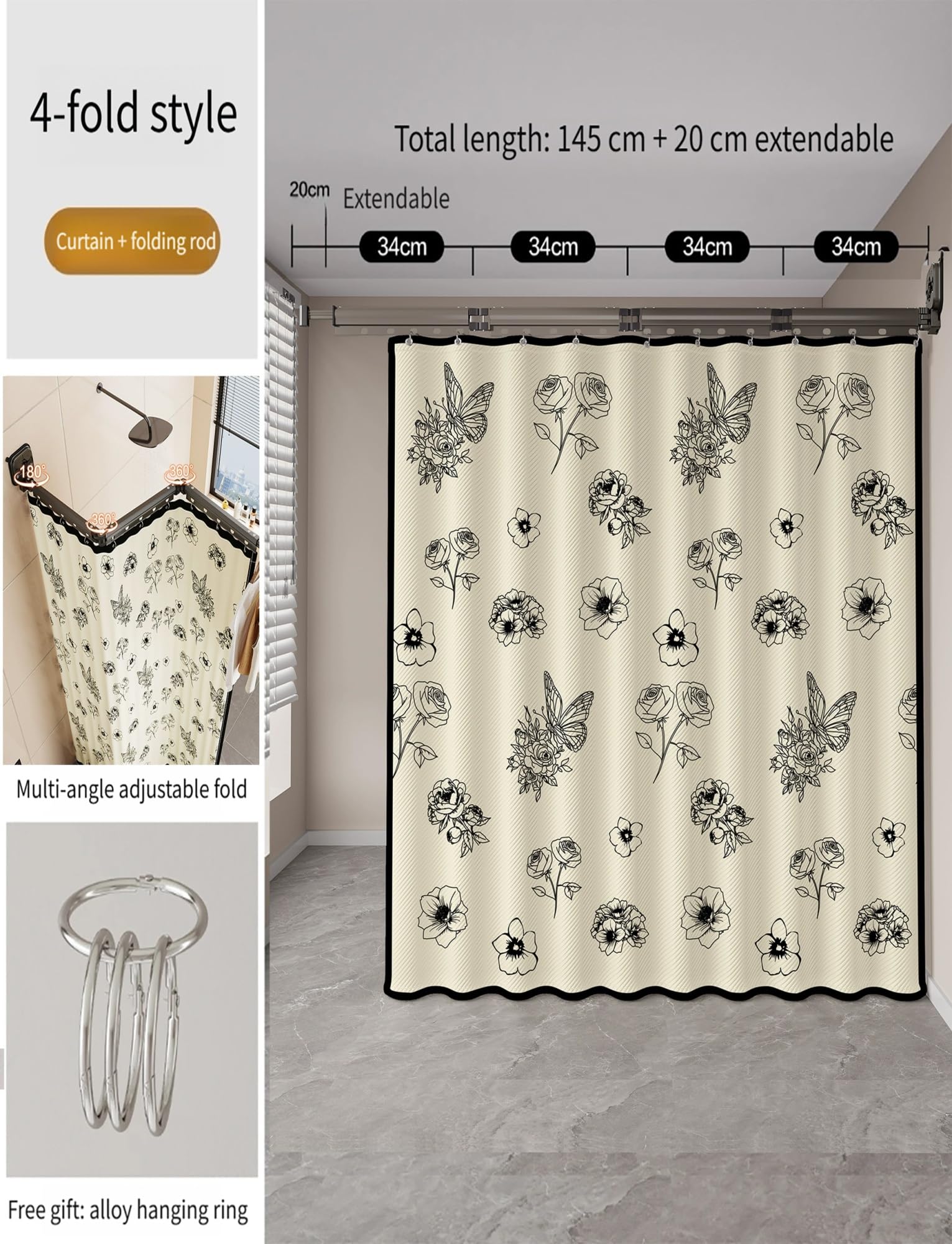 Ensemble Rideau de Douche Mural Pliable, Rideau en Lin Ajustable avec Ventouse pour Salle de Bain, Baignoire, Cuisine, Magasin de vêtements