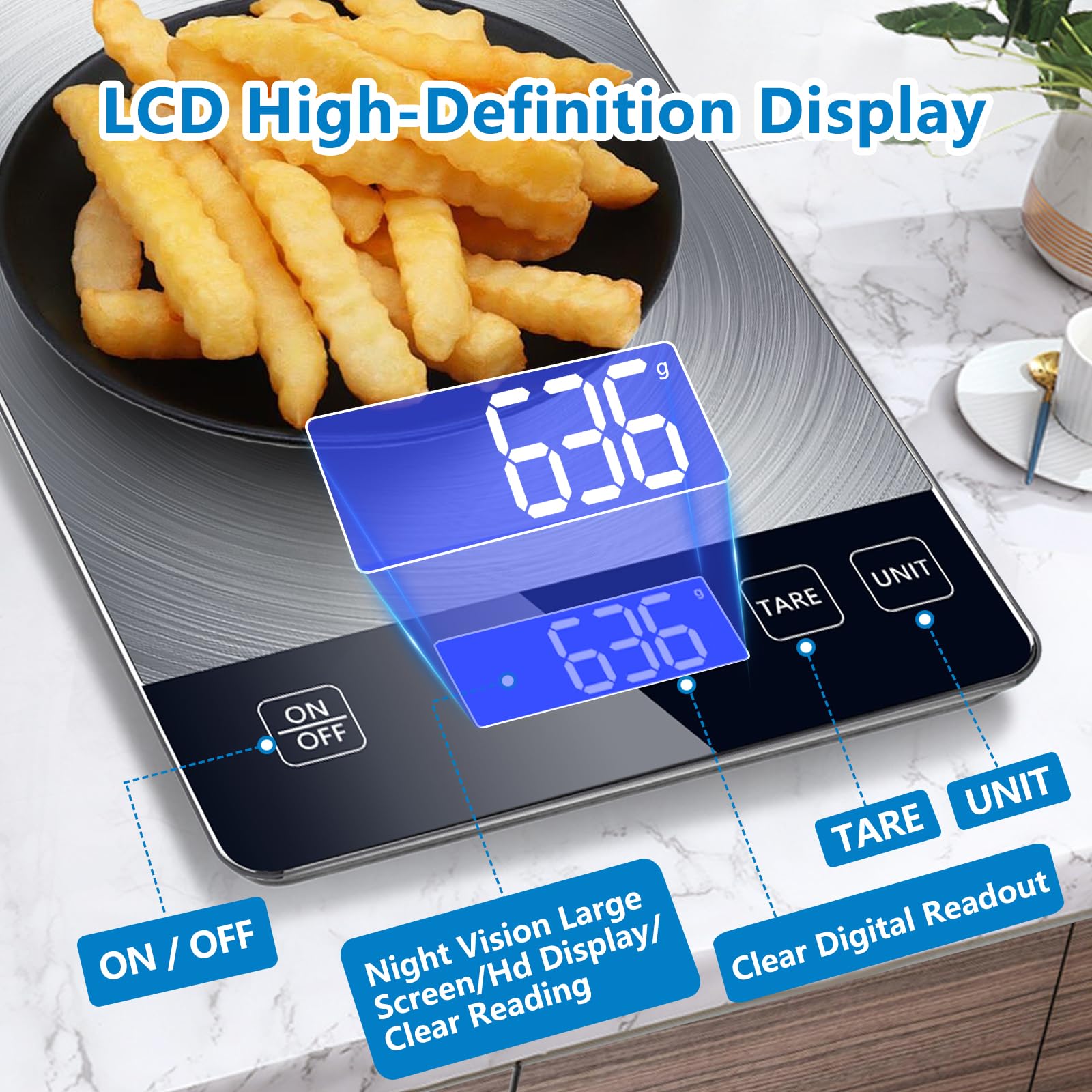 Báscula digital para alimentos, 33 libras, peso en gramos y onzas para cocinar y hornear, graduación precisa de 1 g, acero inoxidable y vidrio templado