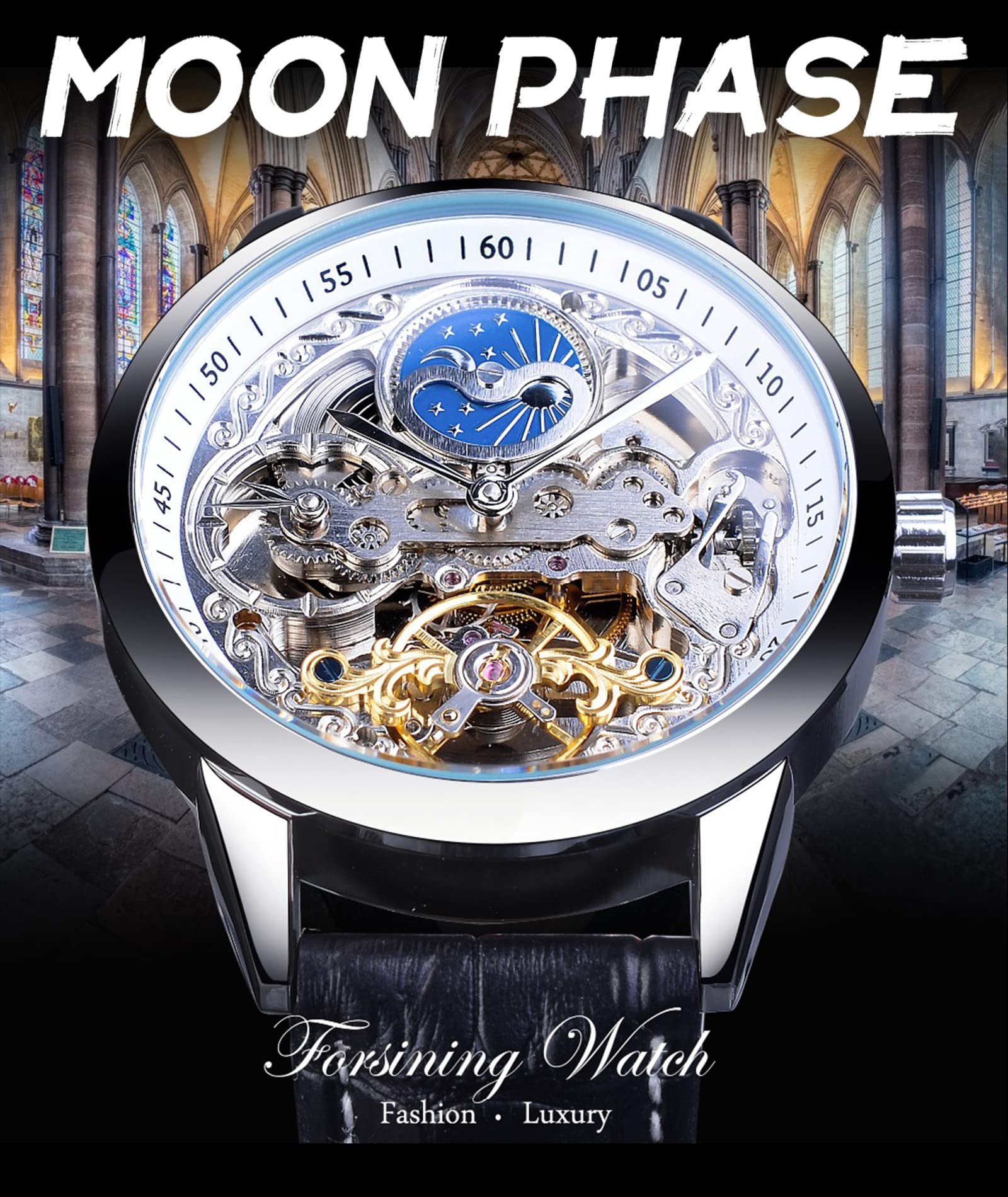 FORSINING Orologio da uomo scheletro fase lunare meccanico auto-vento Tourbillon doppio fuso orario orologi automatico cinturino in pelle di lusso grande quadrante orologio da polso, bianco