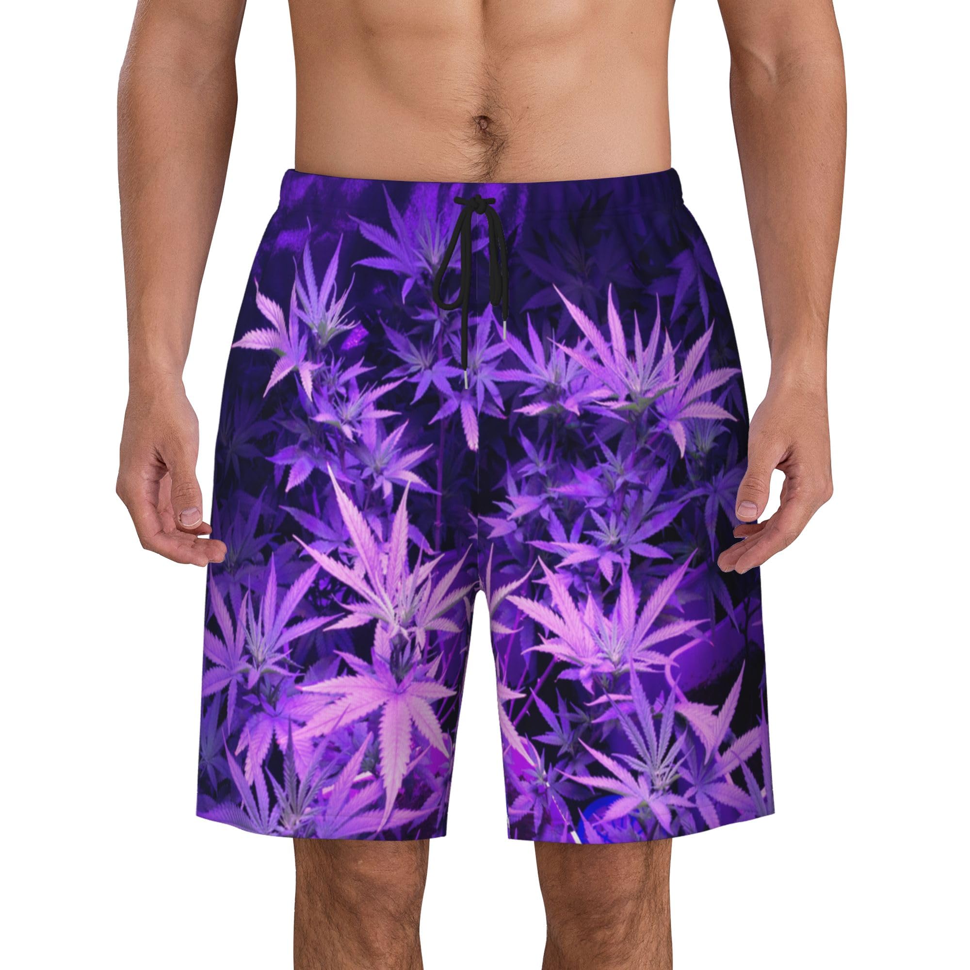 Purple weed marijuana leaf Mens Swim Trunks Quick Dry Swim Shorts Swimwear Bathing Suits with Pockets