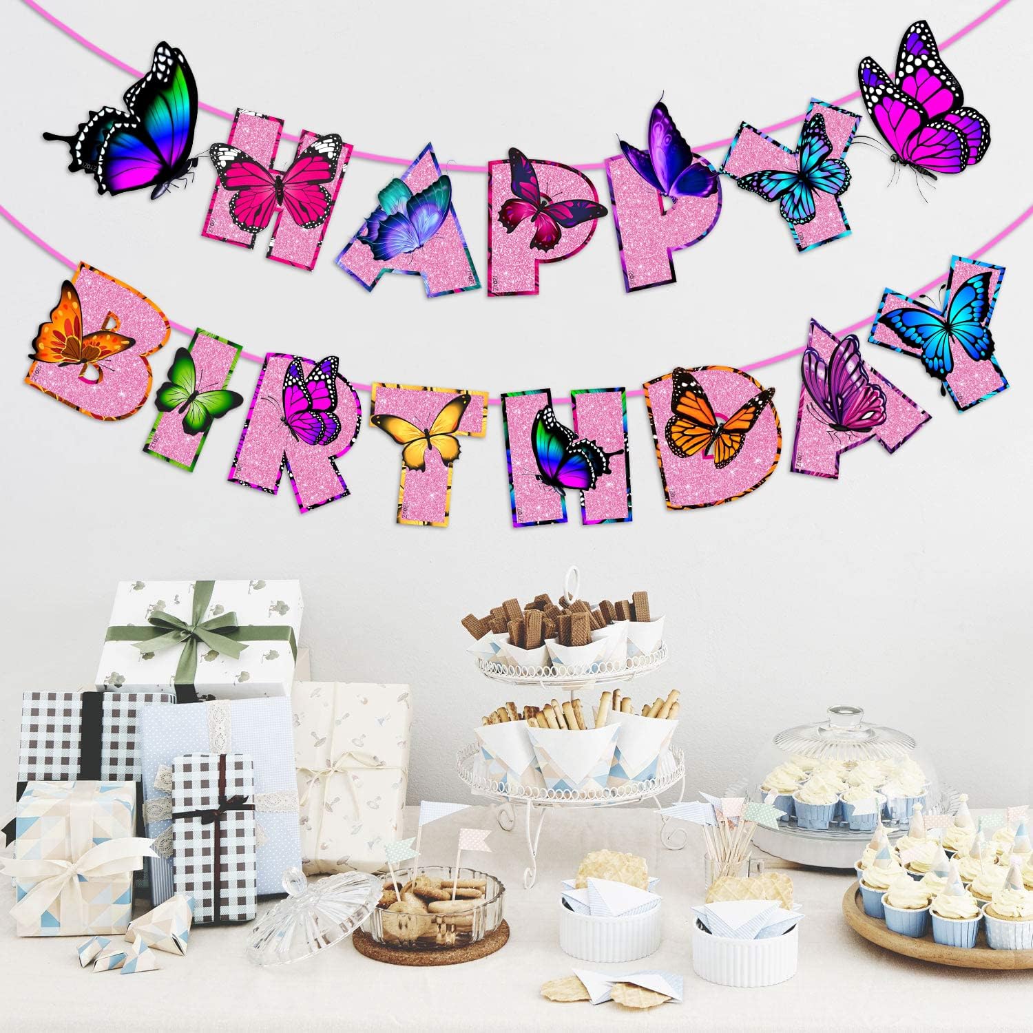 Zyozique Butterfly Birthday Paper Banner Butterfly 1st 2nd 3rd Birthday Decorations Pink and Purple for Girls Women, Garden Birthday Party Supplies