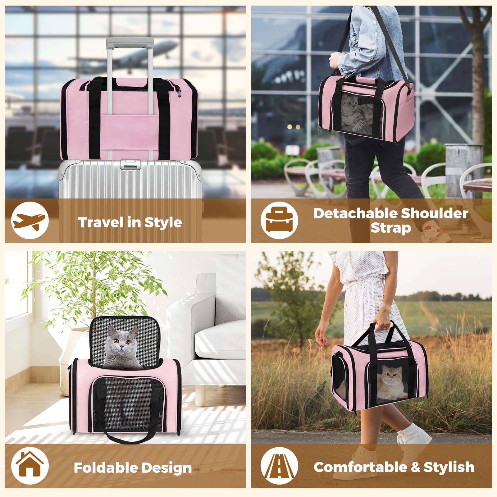 Haustier-Tragetasche, 43,2 x 27,9 x 27,9 cm, für kleine, mittelgroße Katzen, Hunde, Welpen bis zu 6,8 kg, weiche Seite, zusammenklappbar, für Reisen, Rosa