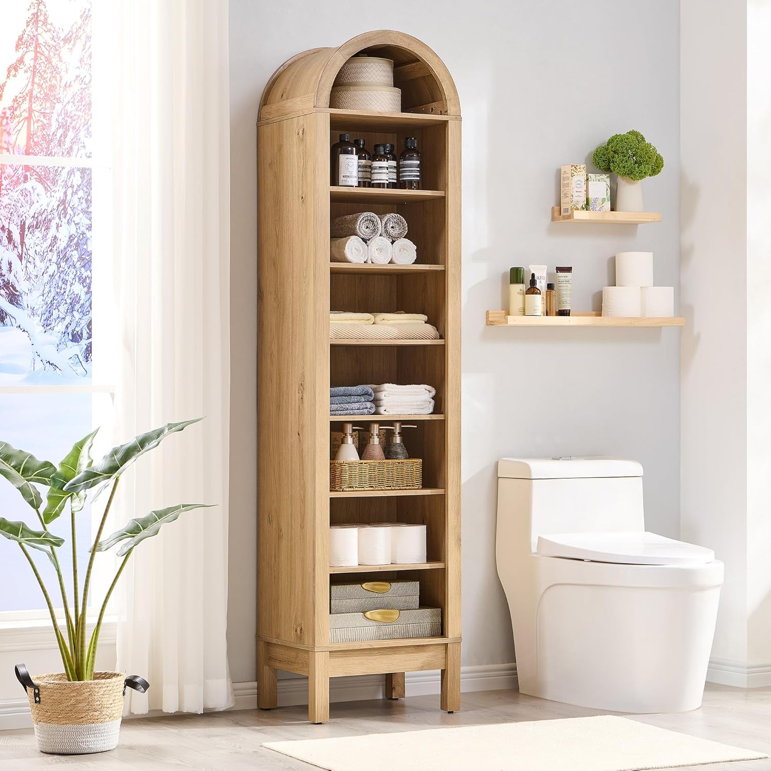 71" Tall Arched Bookshelf, 8 Tiers Arch Bookcase with Storage, Modern Farmhouse Book Shelf with Adjustable Shelves, Wood Bookshelf w/Open Display Shelves for Living Room, Office (Natural) 71" Tall 8-Tiers Natural