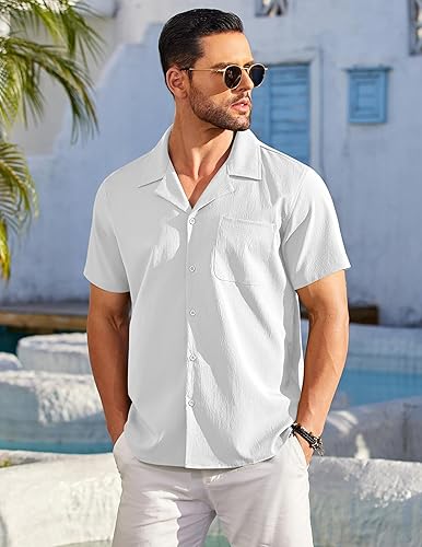 Vista 2 de COOFANDY Camisas casuales de manga corta con cuello cubano para hombre, camisa de verano con botones y textura de playa tropical