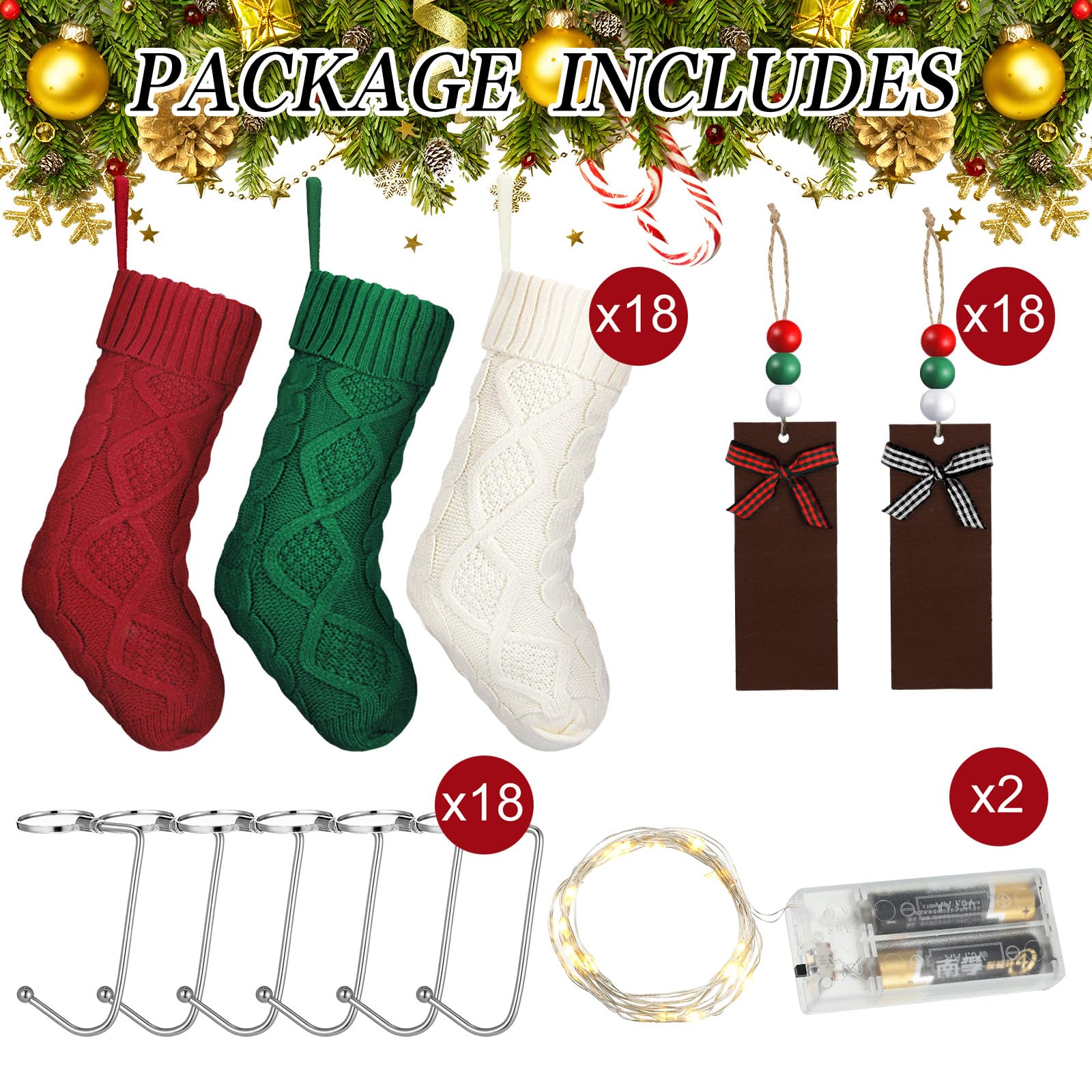 Sosation Lot de 18 chaussettes de Noël lumineuses de 45,7 cm avec étiquettes nominatives et support de chaussette de Noël pour cheminée et cheminée - Cadeaux de Noël à suspendre avec guirlande