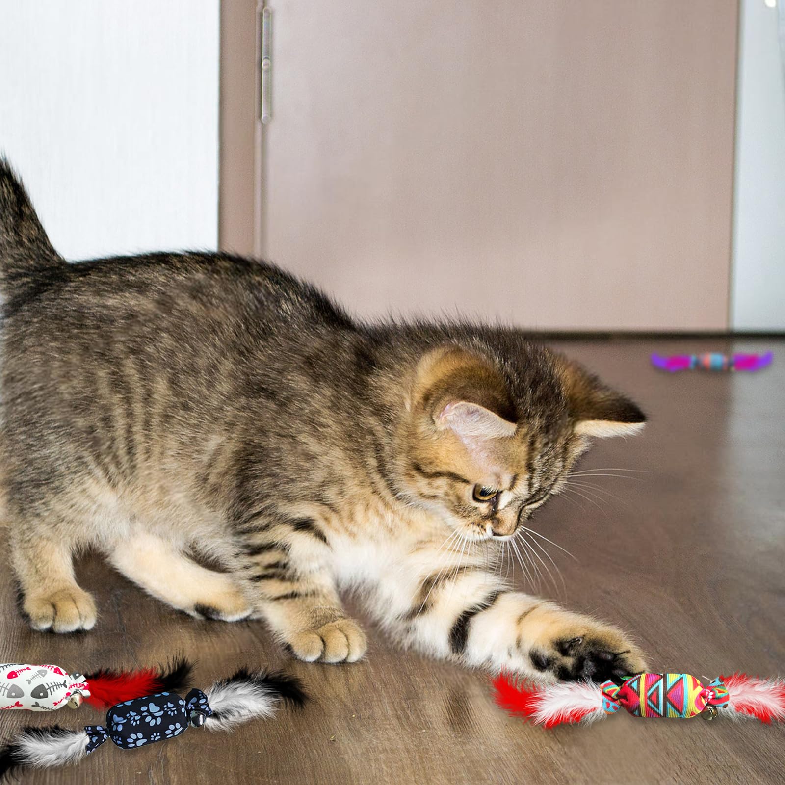 jiuhao Candy Feather Bell Cat Toys,Indoor Cat Toys 4-Pack with Feathers Jingle Toy Kitten Play Kick Bite Chew Interactive Boredom Toy - Image 3
