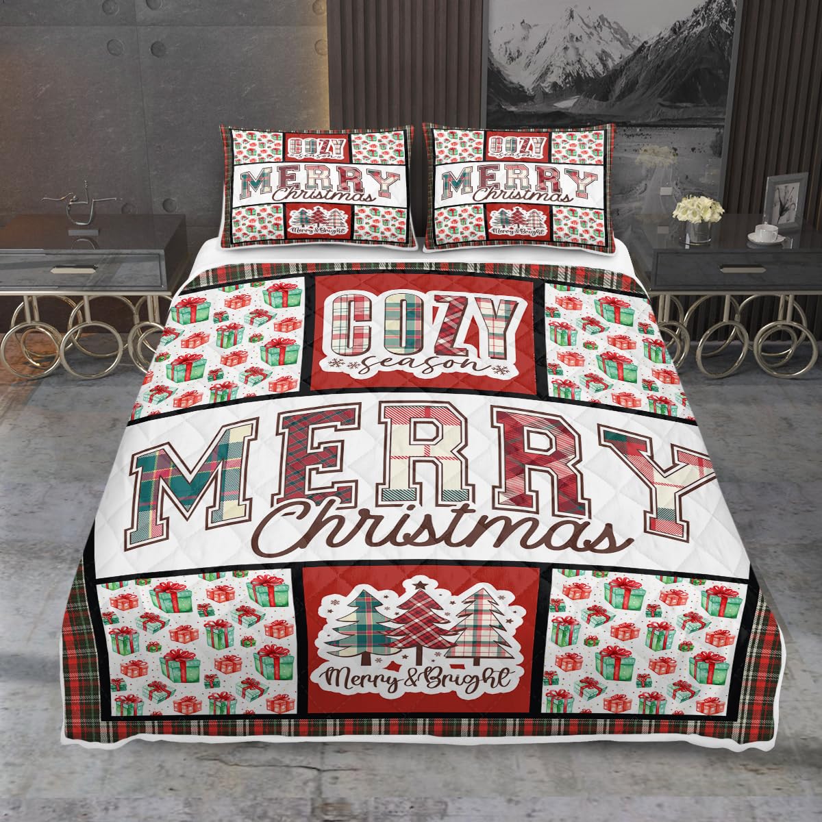 MILANKET 3pcs Christmas Theme Print Quilt Set Queen Size for Kids Teens Checkered Bedspread Coverlet Lightweight Microfiber Bedding Set with 2 Pillow Shams