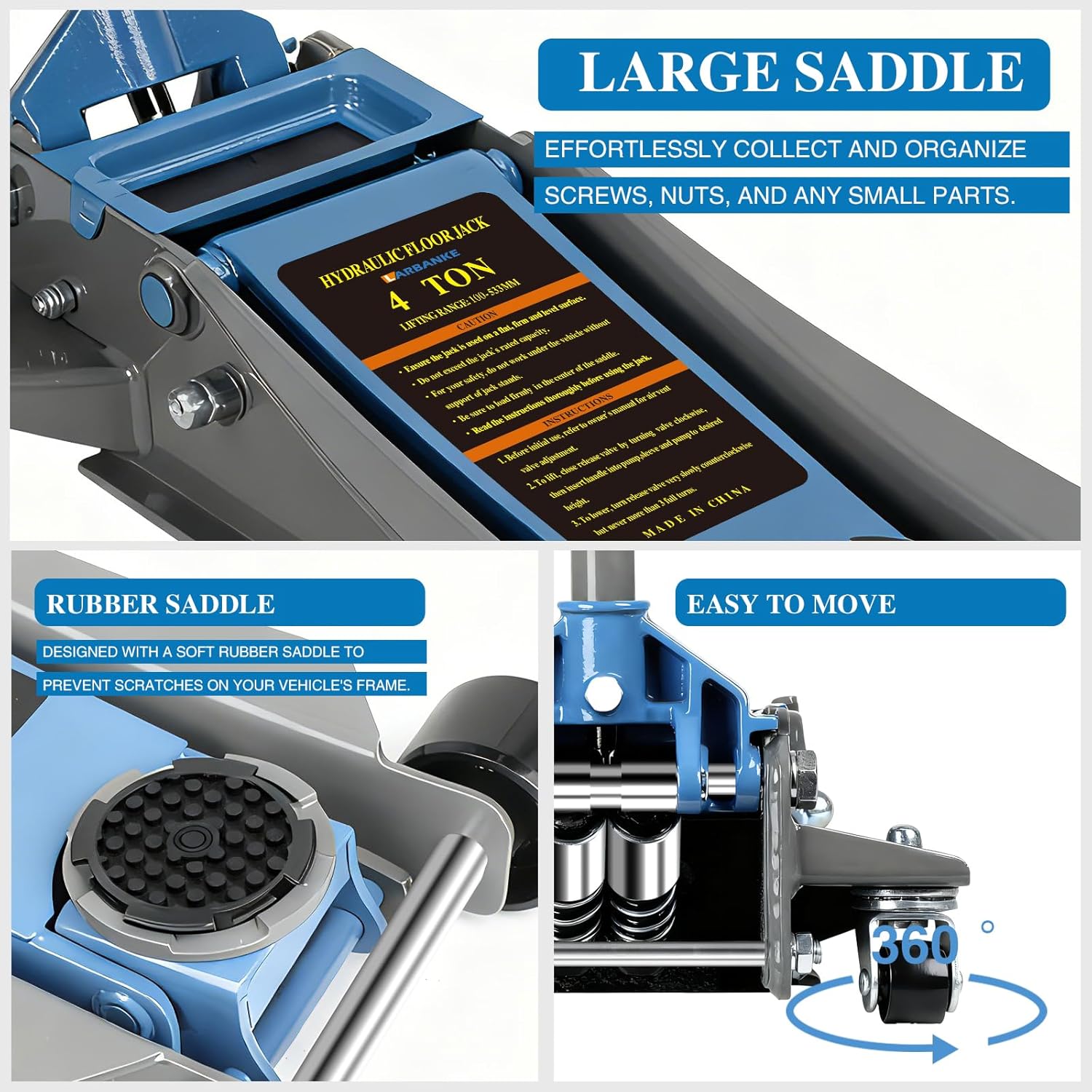 Larbanke 4-Ton Low Profile Double-Piston Hydraulic Floor Jack,Lift Range 3.93in-20.98in, with Rubber Pads, Suitable for Home and Workshop Automotive Maintenance of Various Vehicles, Blue