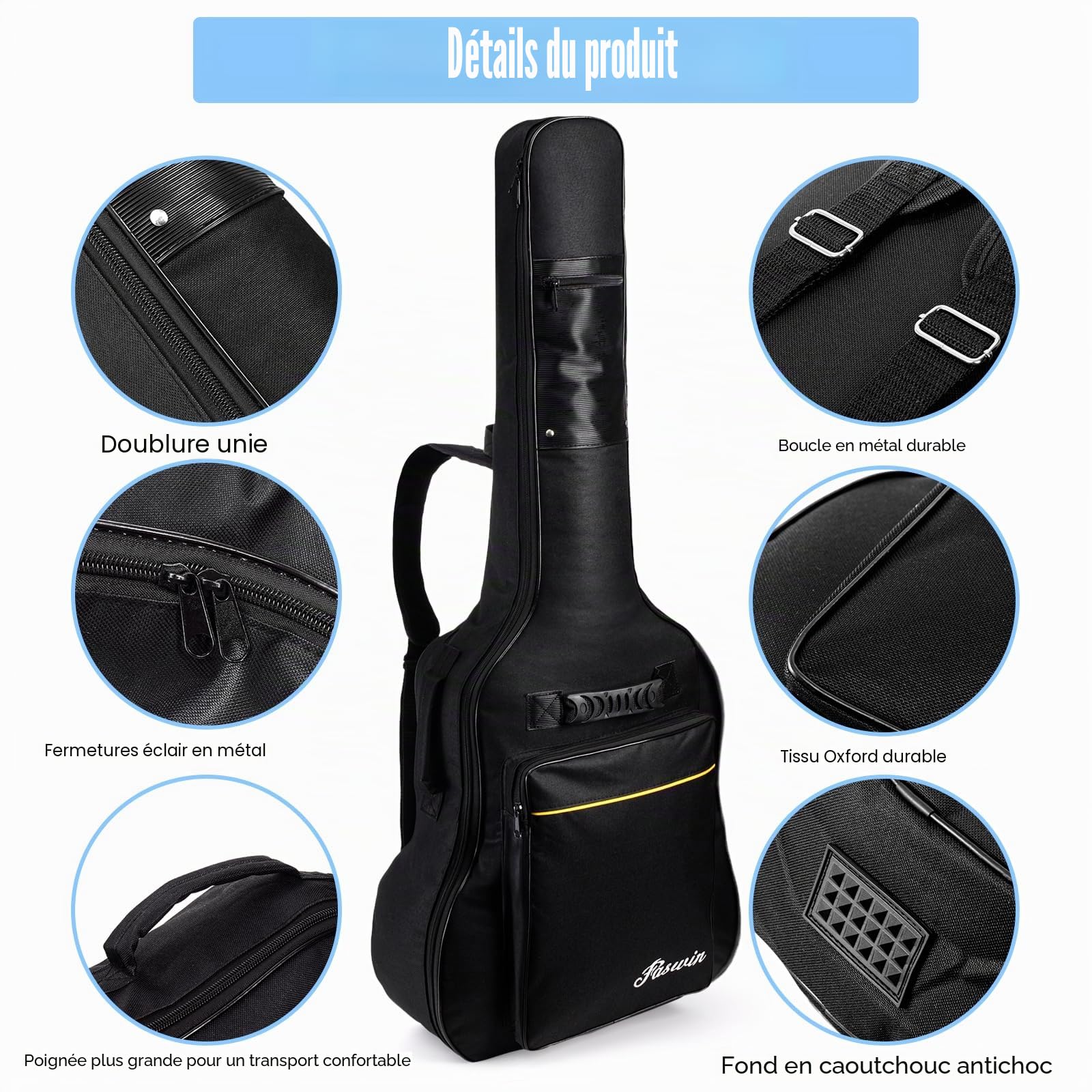 Sac de Transport en Tissu Oxford imperméable pour Guitare Acoustique avec 2 Bretelles réglables et Rembourrage en éponge de 0,7 cm d'épaisseur, Noir, 104 cm