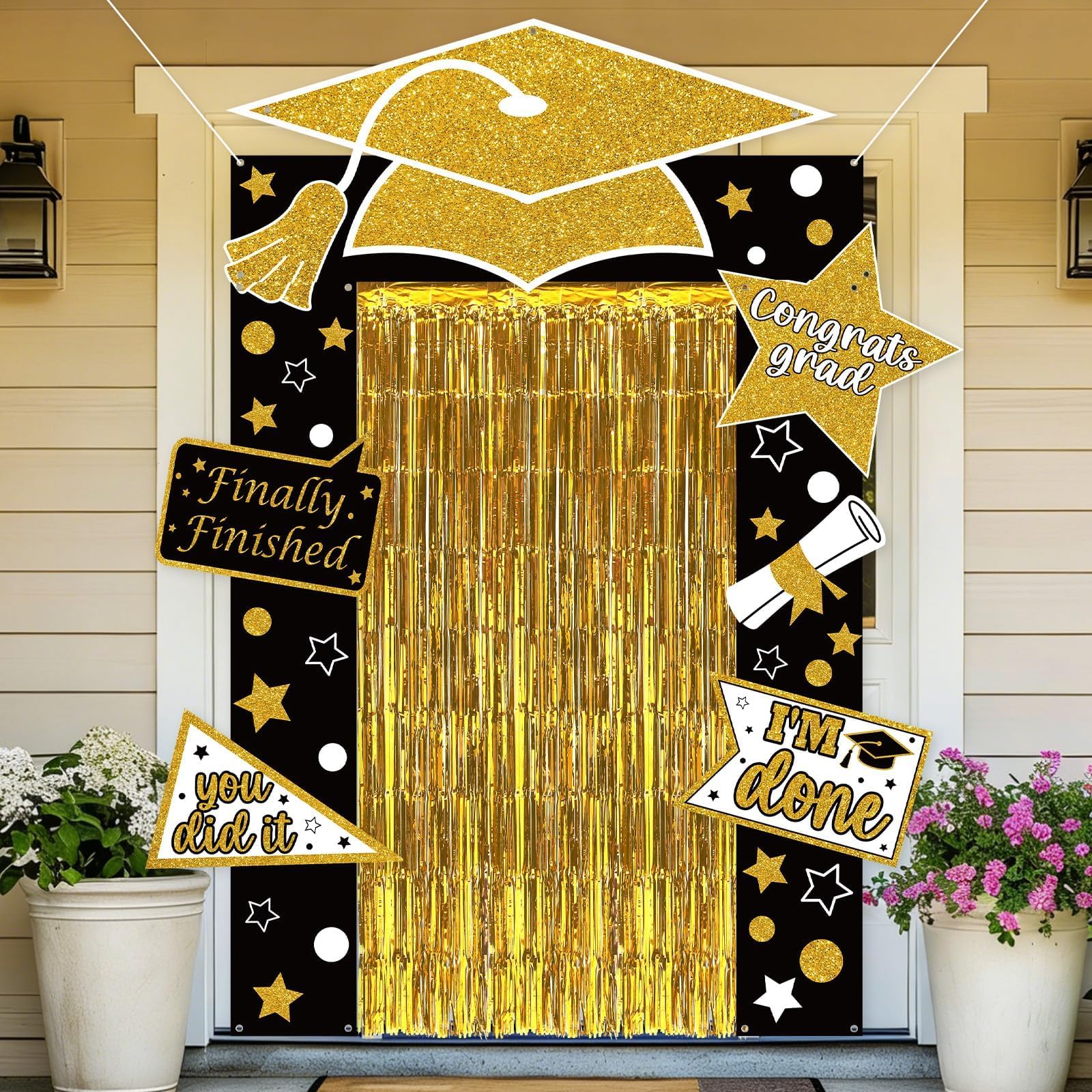 Photo 1 of Graduation Decorations 2026 Black and Gold Graduation Banner decorations Class of 2026 Porch Door Banner with Foil Tinsel Curtains Congrats Grad Backdrop Supplies for College High School ?Black Gold?
