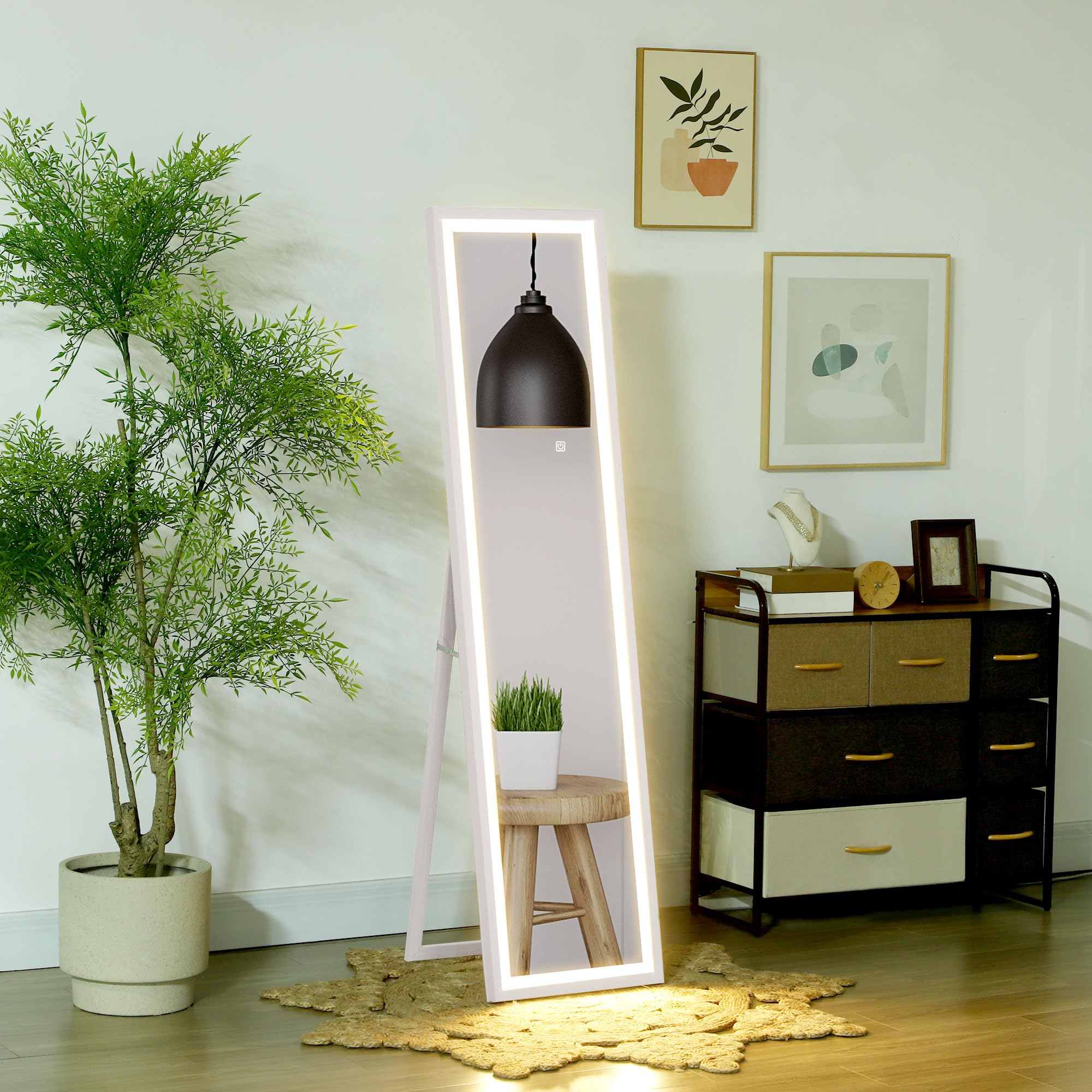 HOMCOM Ganzkörperspiegel 40 x 160 cm Standspiegel mit LED-Licht, 3 Lichtfarben, Touch-Steuerung, Weiß