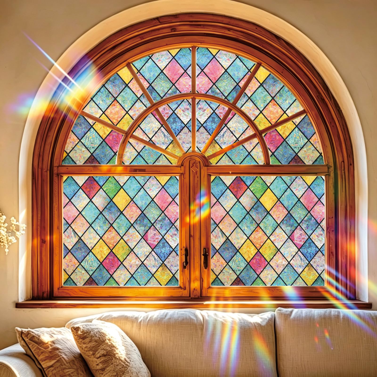 Rainbow Window Film 65 x 210 cm Blocks UV Static Cling No Glue Removable Heat Cotrol, Privacy Protection, Window Privacy Film with Rainbow Effect, for Kitchen, Crystal Grid