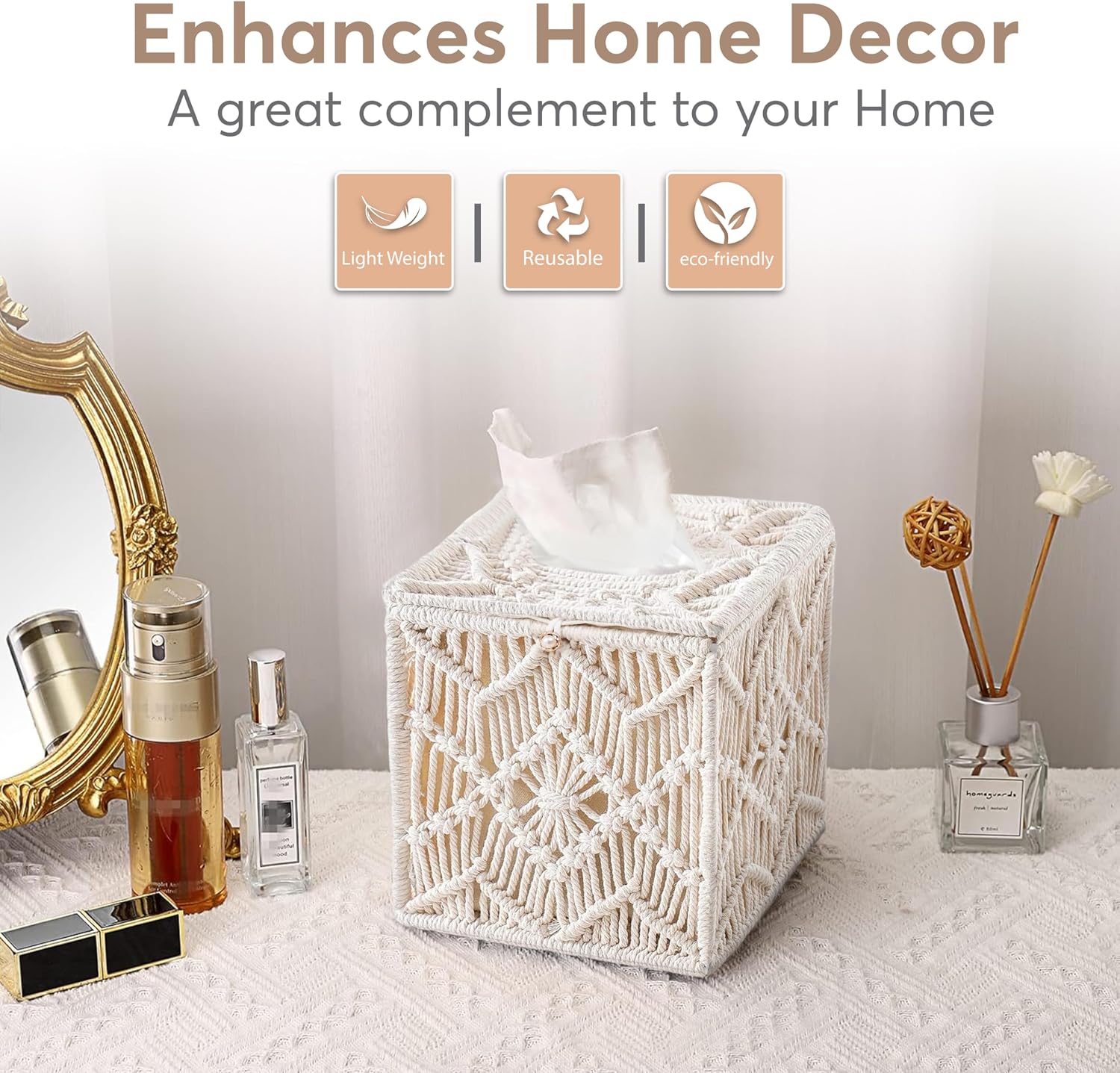 Tissue Box Cover Square Woven Macrame Napkin Facial Paper Organizer Boho Decor Tissues Holder with Bead Buckle, Home Desk Vanity Countertop Decor for Bathroom Bedroom Living Room Office, Ivory image 4