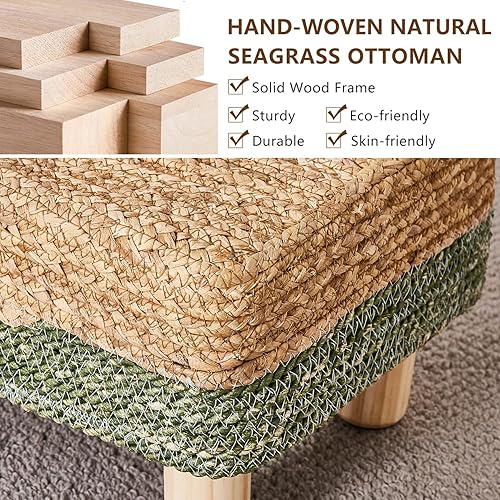 Miniatura 4 de Cpintltr Taburete otomano rectangular, reposapiés, otomano, reposapiés natural de algas marinas con patas de madera, taburete tejido a mano para