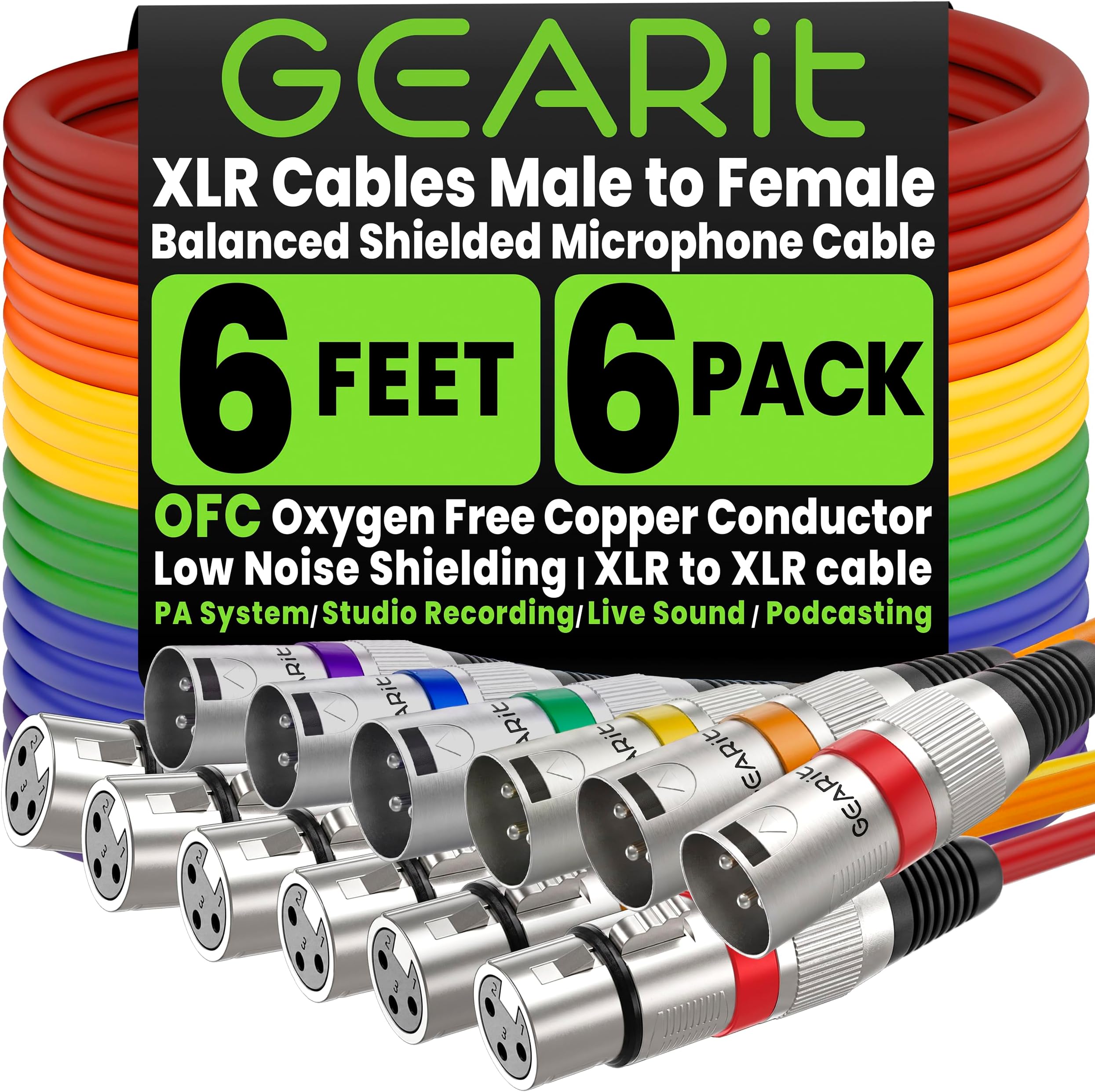 XLR to XLR Microphone Cable (6 Feet, 6 Pack) XLR Male to Female Mic Cable 3-Pin Balanced Shielded XLR Cable for Mic Mixer, Recording Studio, Podcast - Multi Colored, 6Ft, 6 Pack