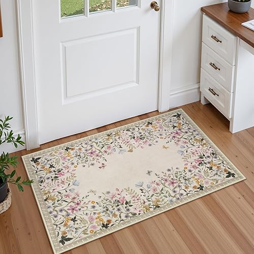 Miniatura 16 de Lahome Alfombra de cocina con estampado floral bohemio de 2 x 3 pies, color verde, lavable a máquina, tapete pequeño de baño, tapete suave y