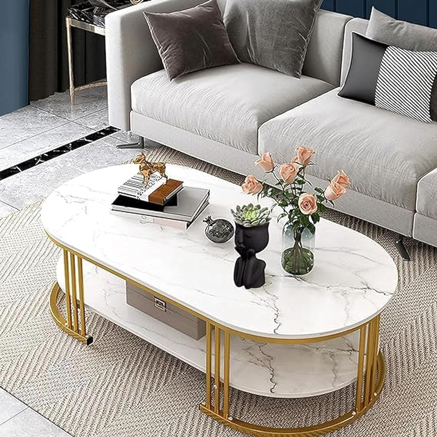 Crown Art Shoppee Coffee Table, Center Cocktail Table with Faux Marble Look Tabletop & Metal Frame, Modern Coffee Table for Living Room, Already Assemble (Whie Full) (B0CZJMHJV4) Amazon Price History, Amazon Price Tracker