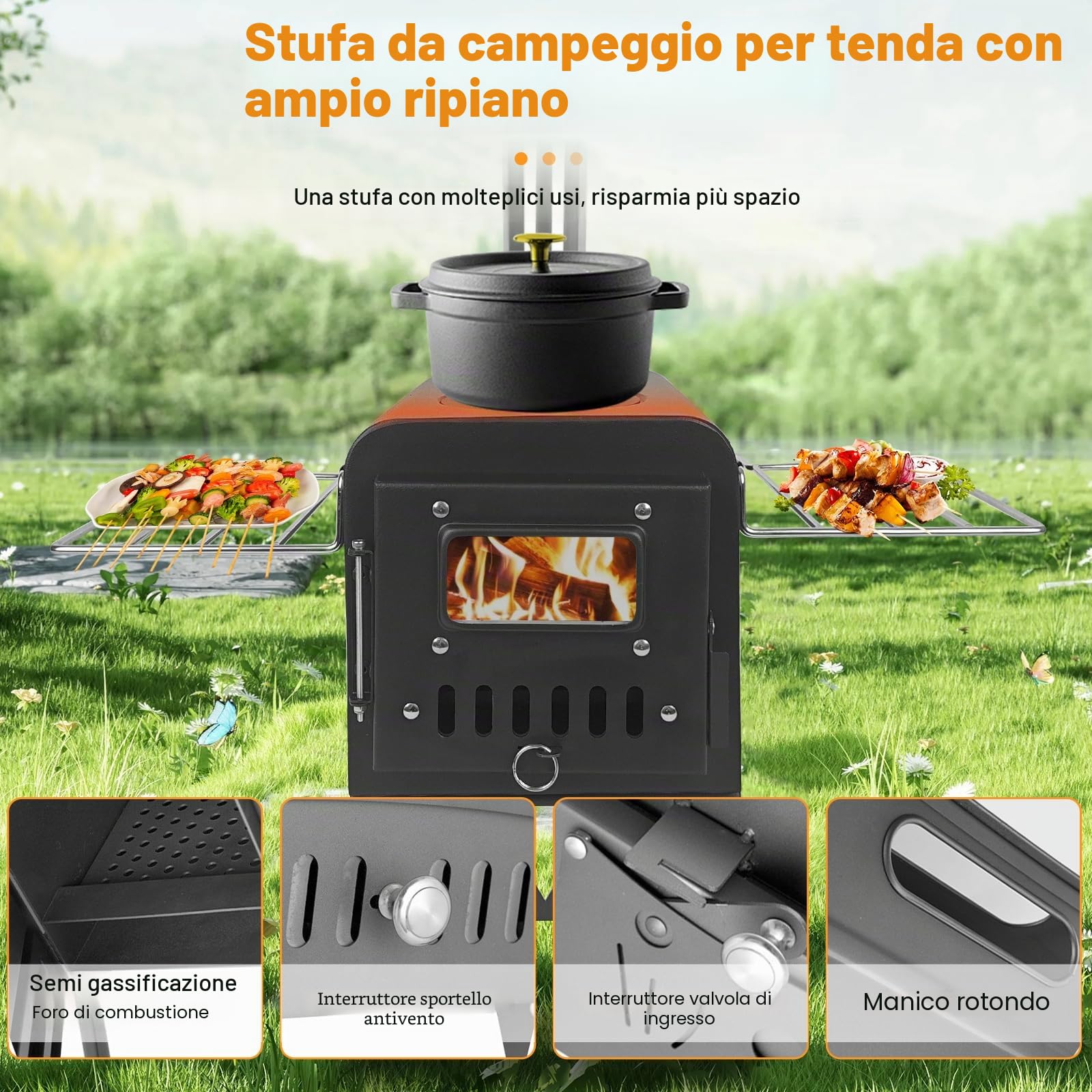 Fornello da campeggio per tenda, dimensioni estese: 54 x 28 x 35 cm, stufa a legna portatile da esterno con tubi per caminetto in acciaio inox, piccolo e confortevole per la cucina
