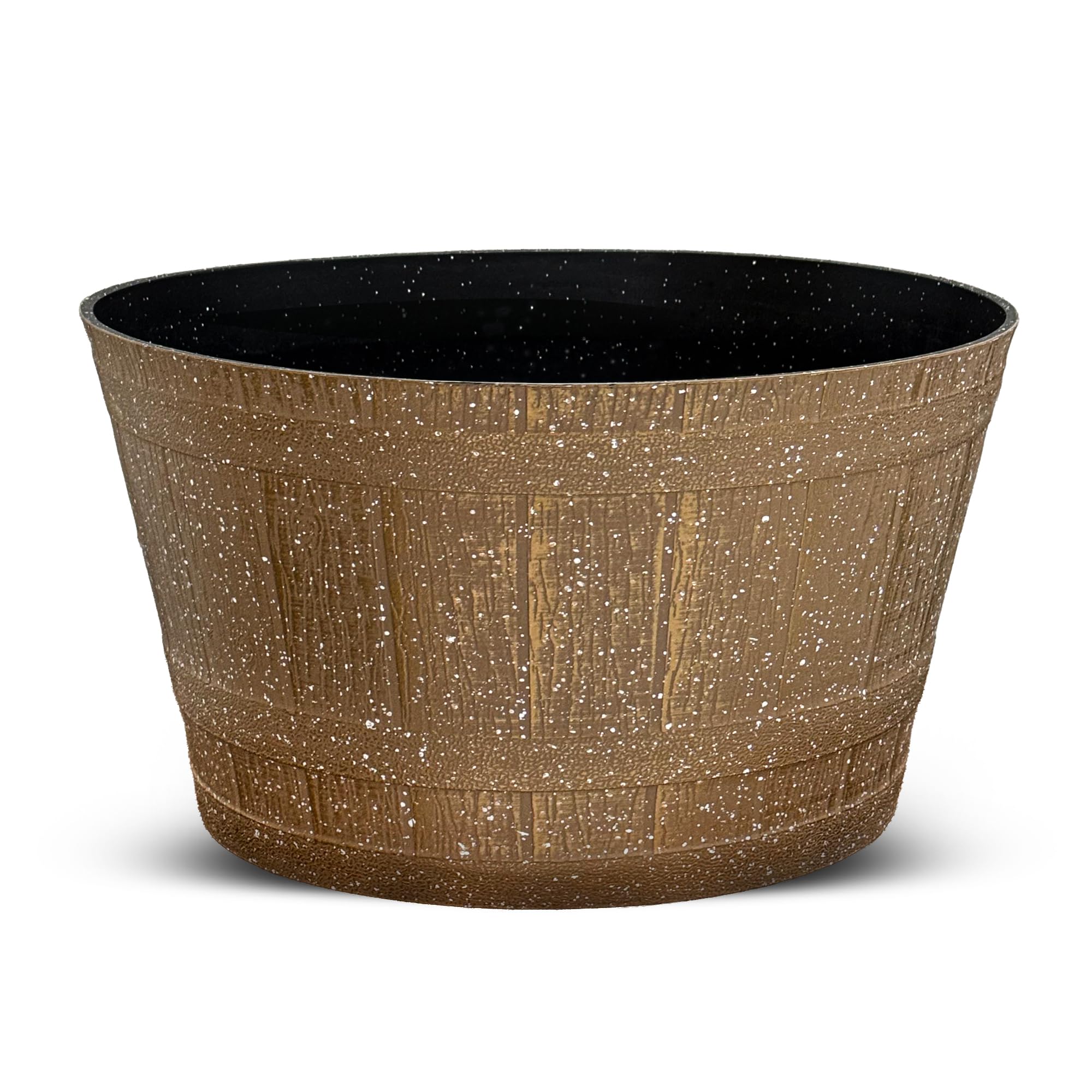 SG Traders Large Half Barrel Cask Planter, Indoor Plant Pot with Drainage Holes, Flower Pots Outdoor Garden Planters, Plastic, Greywood with Black Bands, 52 x 31cm